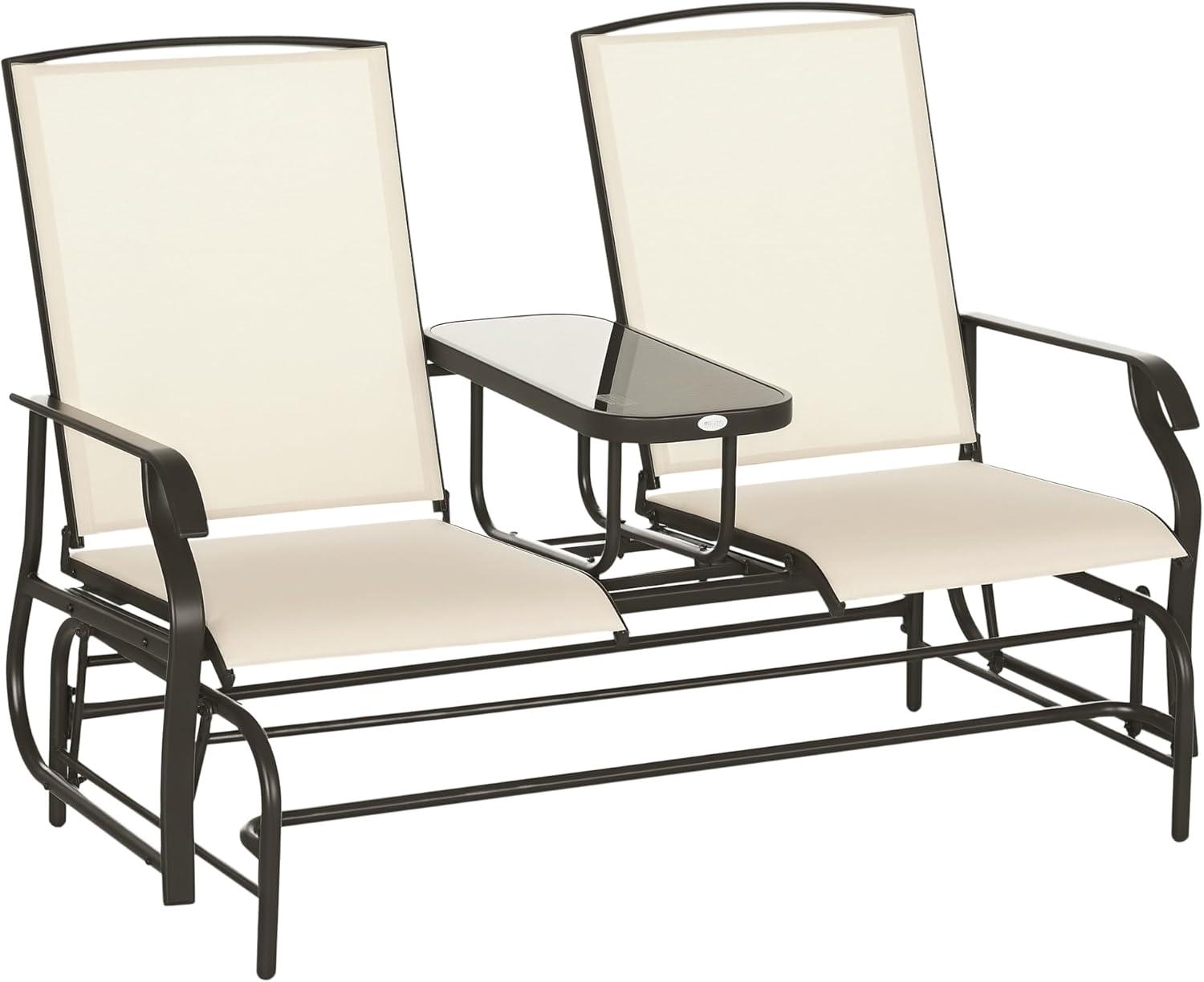 YYAo Outdoor Swing Rocker Glider Chair, Rocking Lounge Chair,Outdoor Glider Bench with Center Table,Patio Loveseat with Armrests, Beige