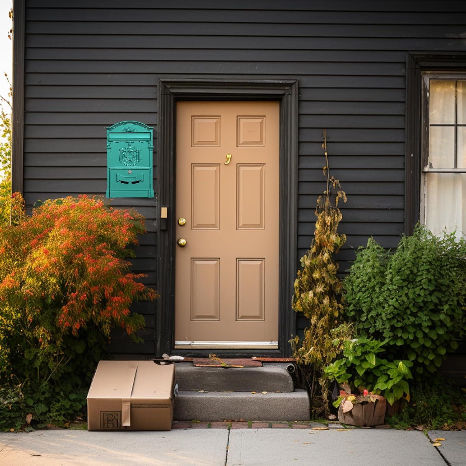 Wall Mount Mailboxes, Rust Resistant Locking Wall Mailbox for Outside, Galvanized Steel and Aluminum Stamping Process, Vintage Mailbox with Key Lock Large Capacity Outdoor Decoration, Black