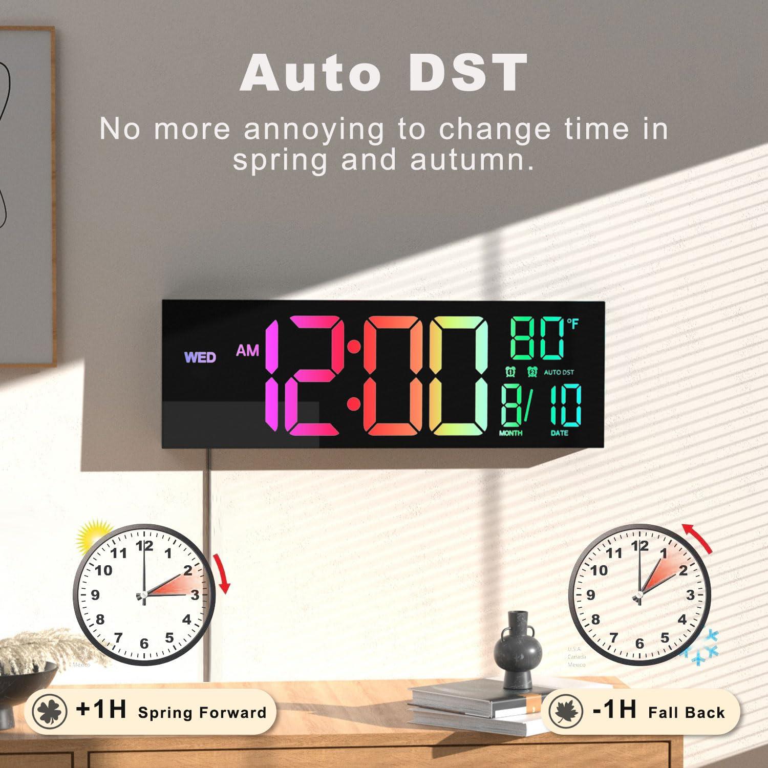 JALL 10.5" Digital Clock with Large Display, Calendar Day and Date, DST, Temperature, Dual Alarms, for Desk, Wall Mounted, Living Room, Bedroom, Gift for Elderly, Seniors, Dementia
