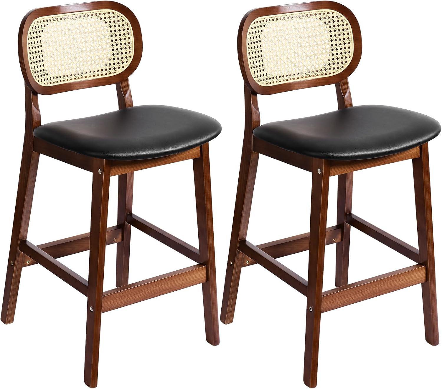 Lucky Monet Wood Upholstered Counter Height Bar Stools with Rattan Back - 36.81"H x 17.72"W x 18.7"D Set of 2 - White Faux Leather/ Brown Frame