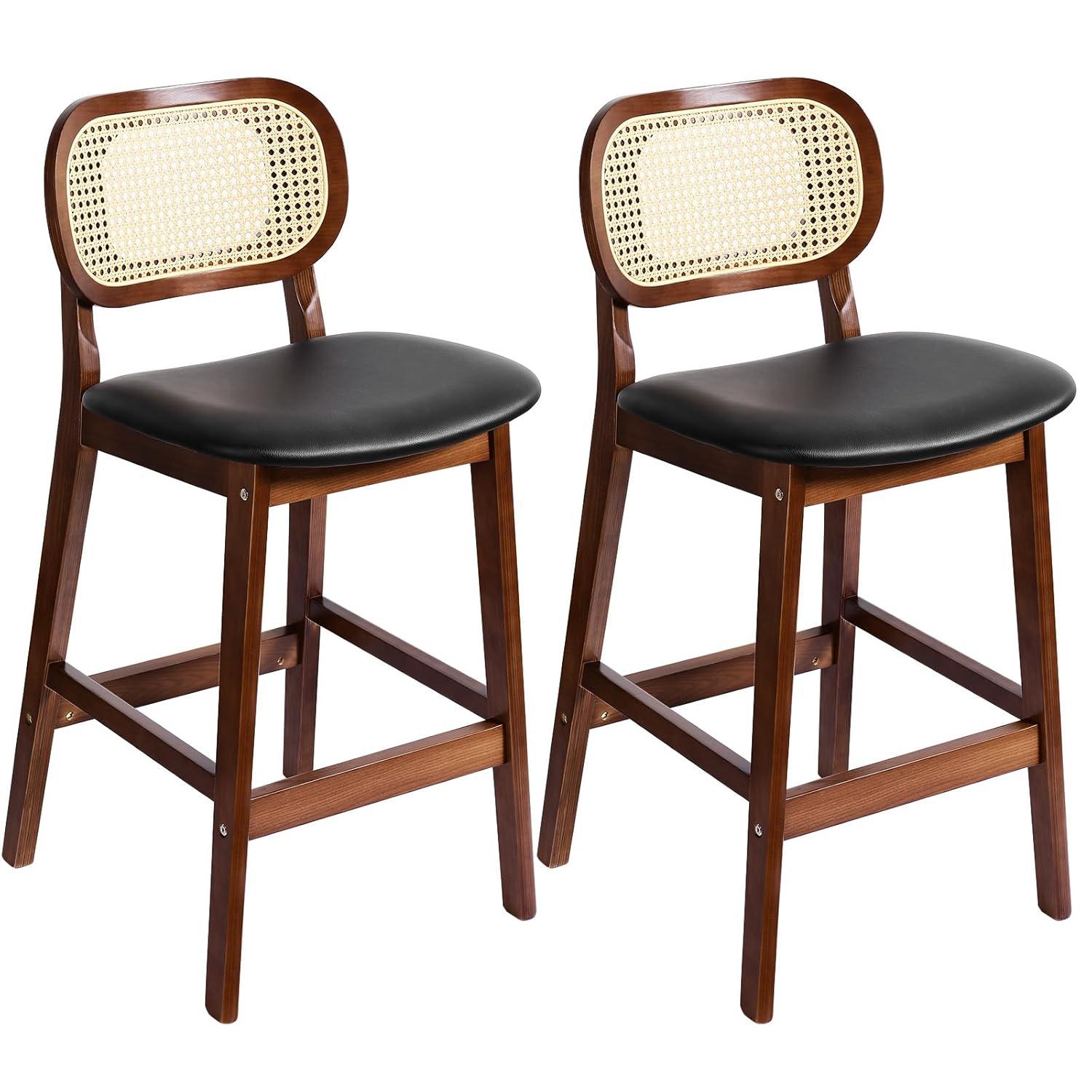Lucky Monet Wood Upholstered Counter Height Bar Stools with Rattan Back - 36.81"H x 17.72"W x 18.7"D Set of 2 - White Faux Leather/ Brown Frame