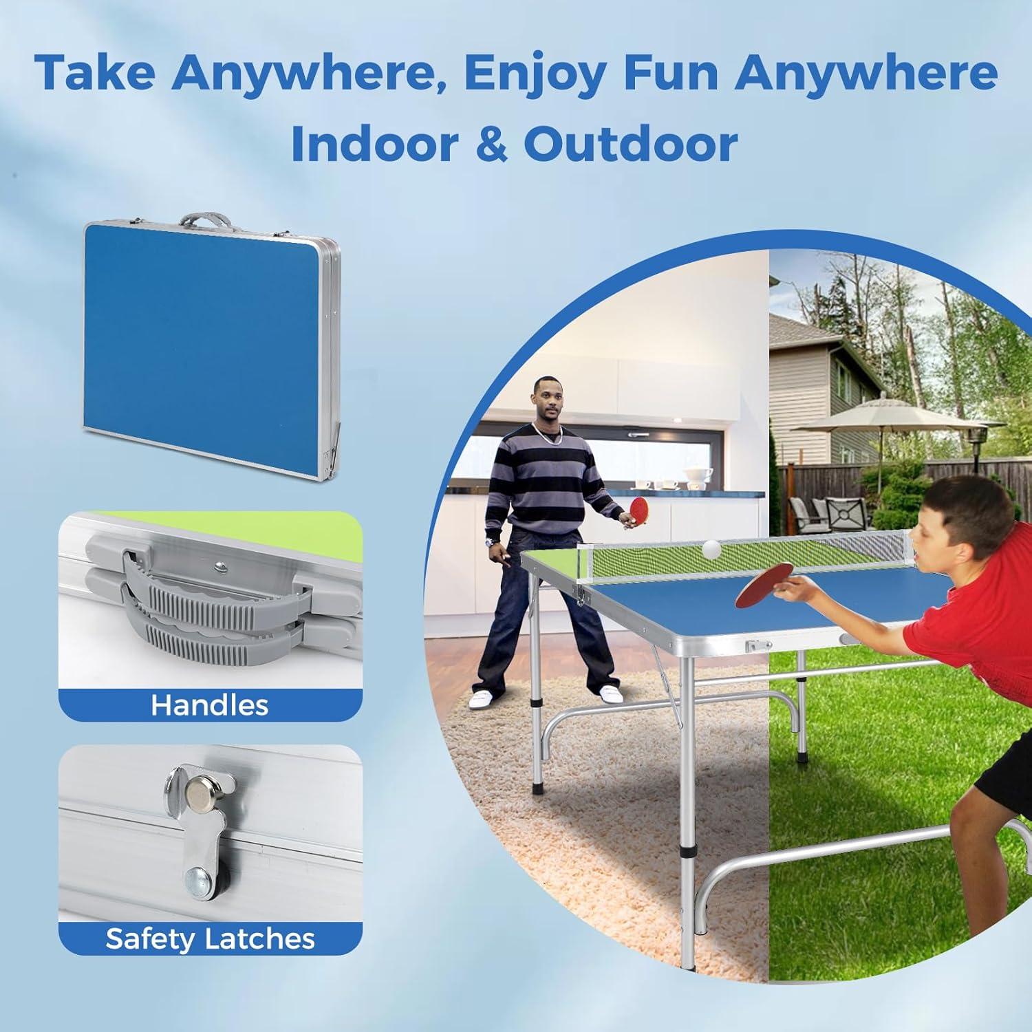 Goplus Foldable Ping Pong Table, 100% Preassembled, Table Tennis Table with Net, 2 Paddles, Ping Pong Balls, Portable Table Tennis Game Set for Indoor Outdoor