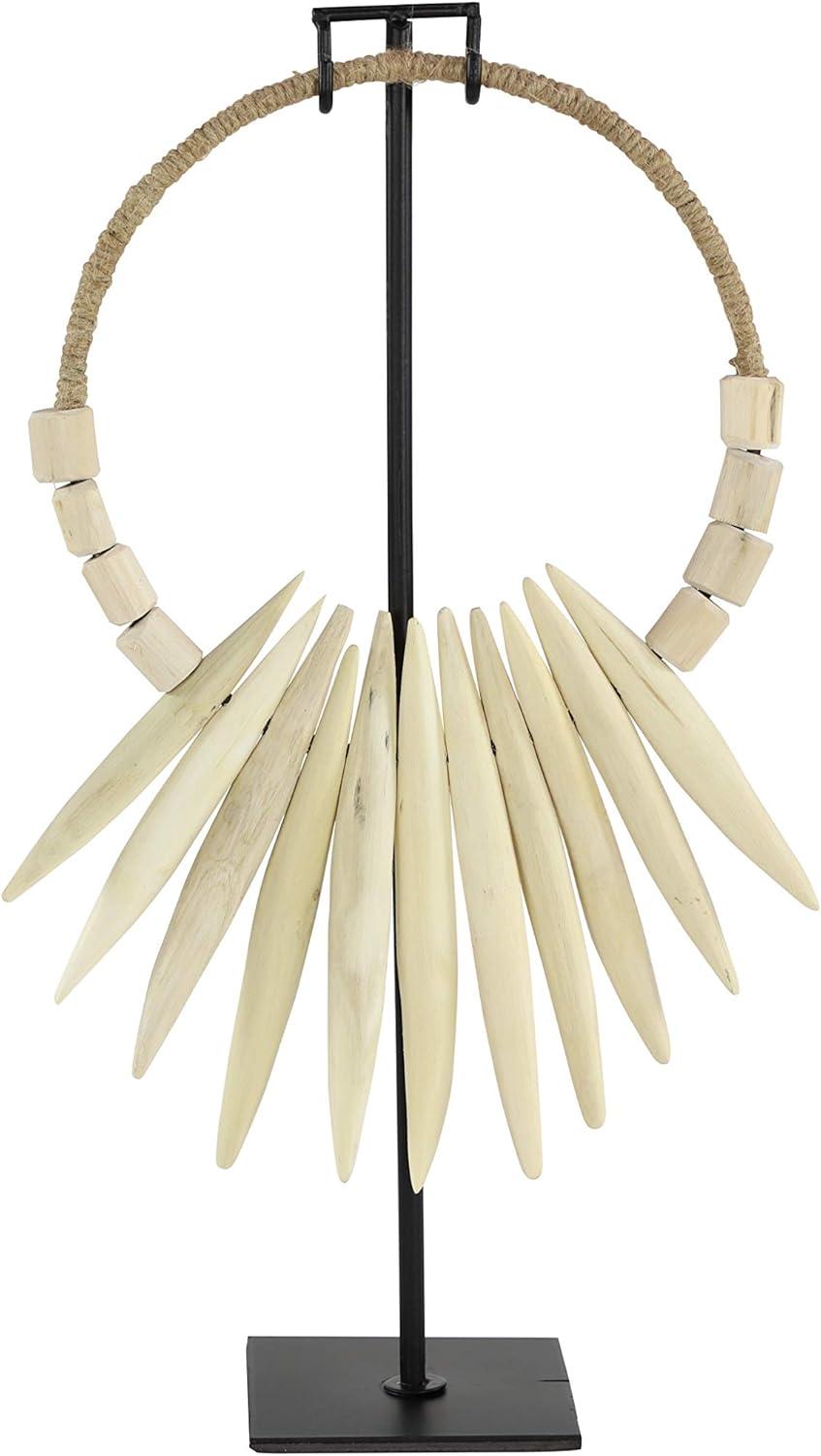 10" x 20" White Teak Wood Handmade Tribal Necklace Sculpture with Stand, by DecMode