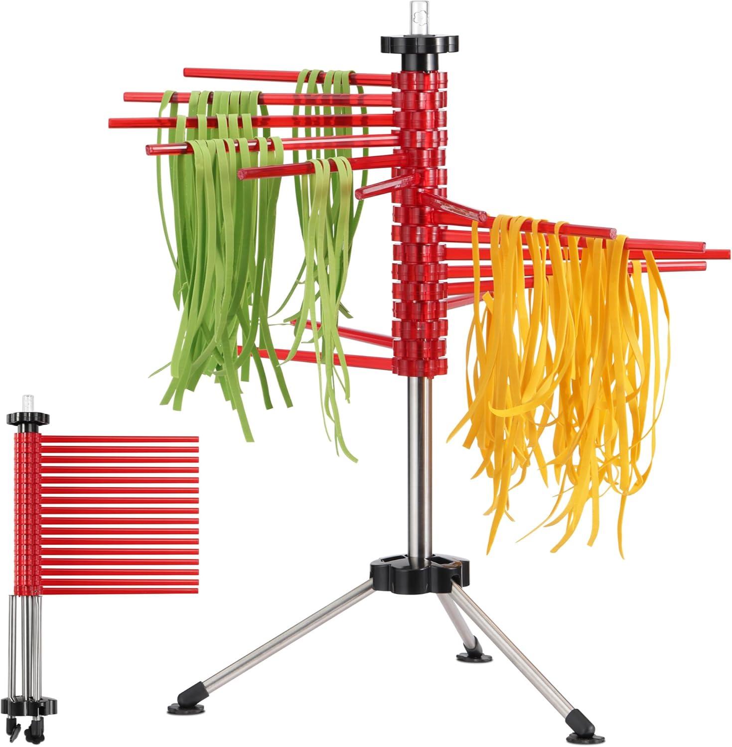 Navaris Collapsible Pasta Drying Rack - Tall Compact Spaghetti Noodle Stand with 16 Plastic Rods - Fresh Pasta Making Accessories - up to 2 kg (4.5 lbs) - Red