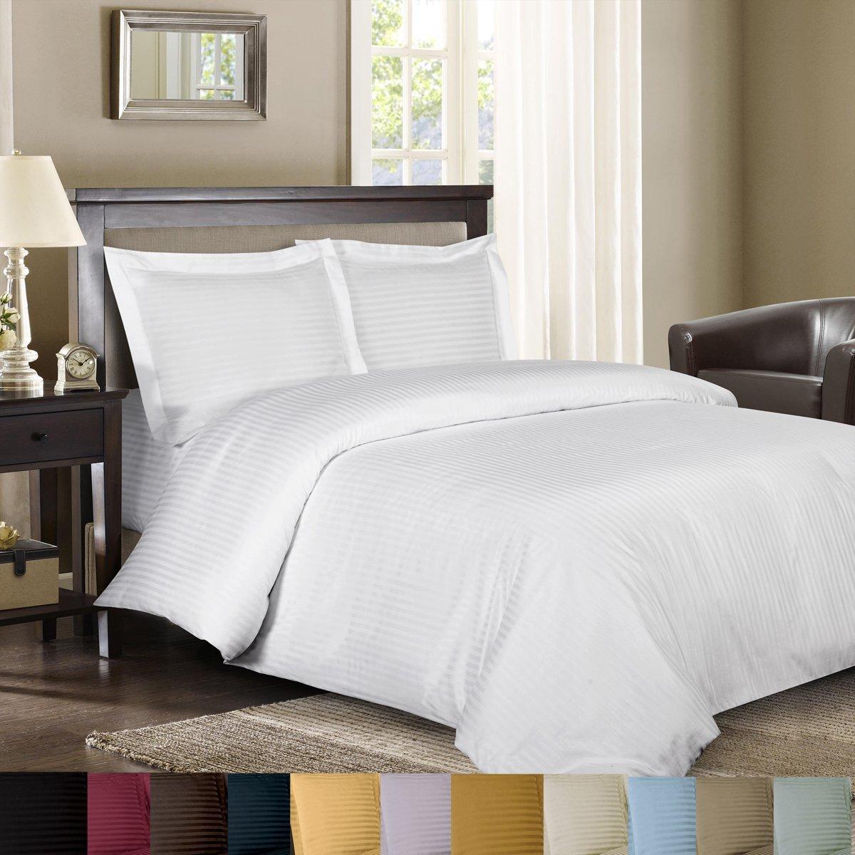 Royal Hotel Bedding Striped Duvet Covers 100% Cotton Soft and Breathable Cotton 300 Thread-Count 3 Piece Duvet Cover Set with Button Closure, Stripes Bedding, Full/Queen Size, White