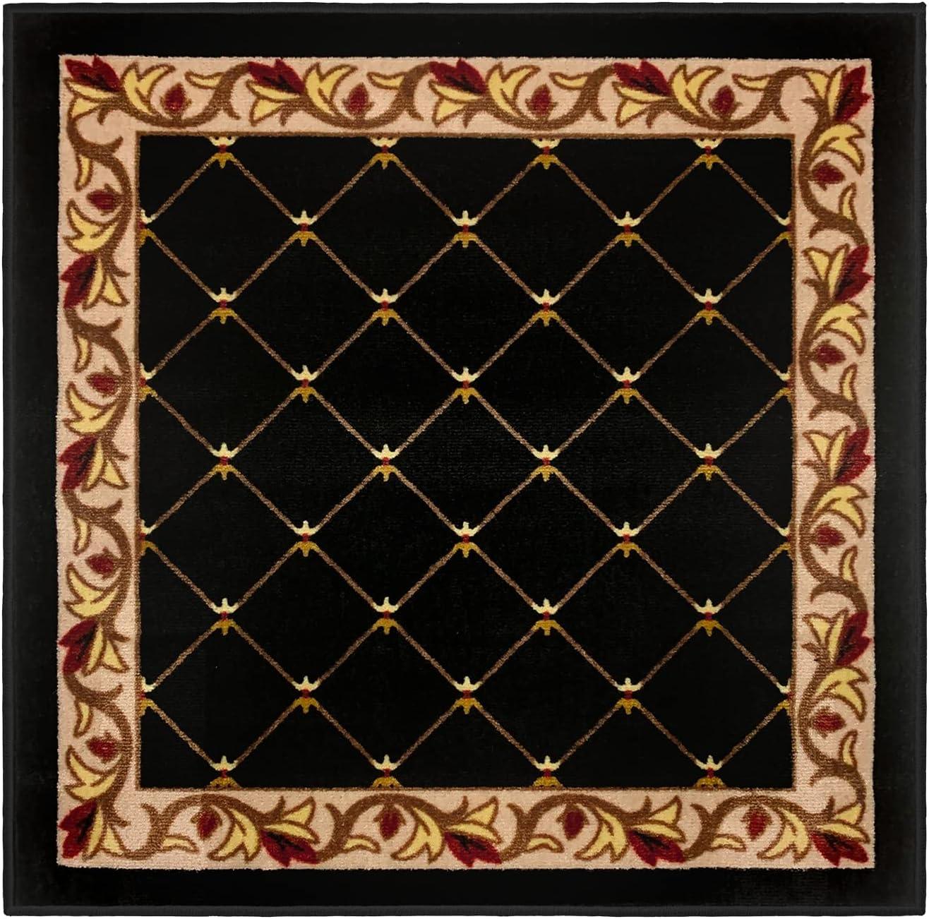 Skid-Resistant Carpet Indoor Area Rug Floor Mat – Traditional Lattice with Floral Border – Ebony Black – 3 Ft. X 3 Ft.