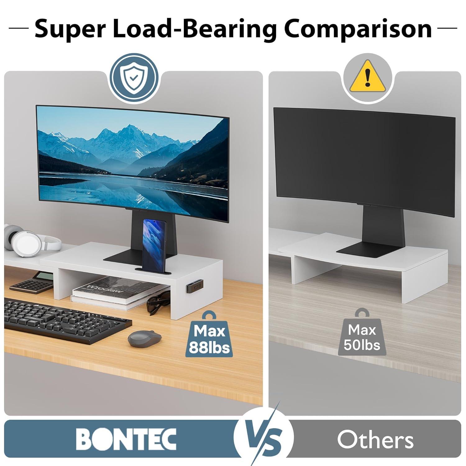 BONTEC Dual Monitor Stand Riser with Smartphone Holder, Adjustable Length & Swivel Angle, Ergonomic Wooden Desktop Organizer for PC Monitor, Laptop, Printer, Large Storage, White