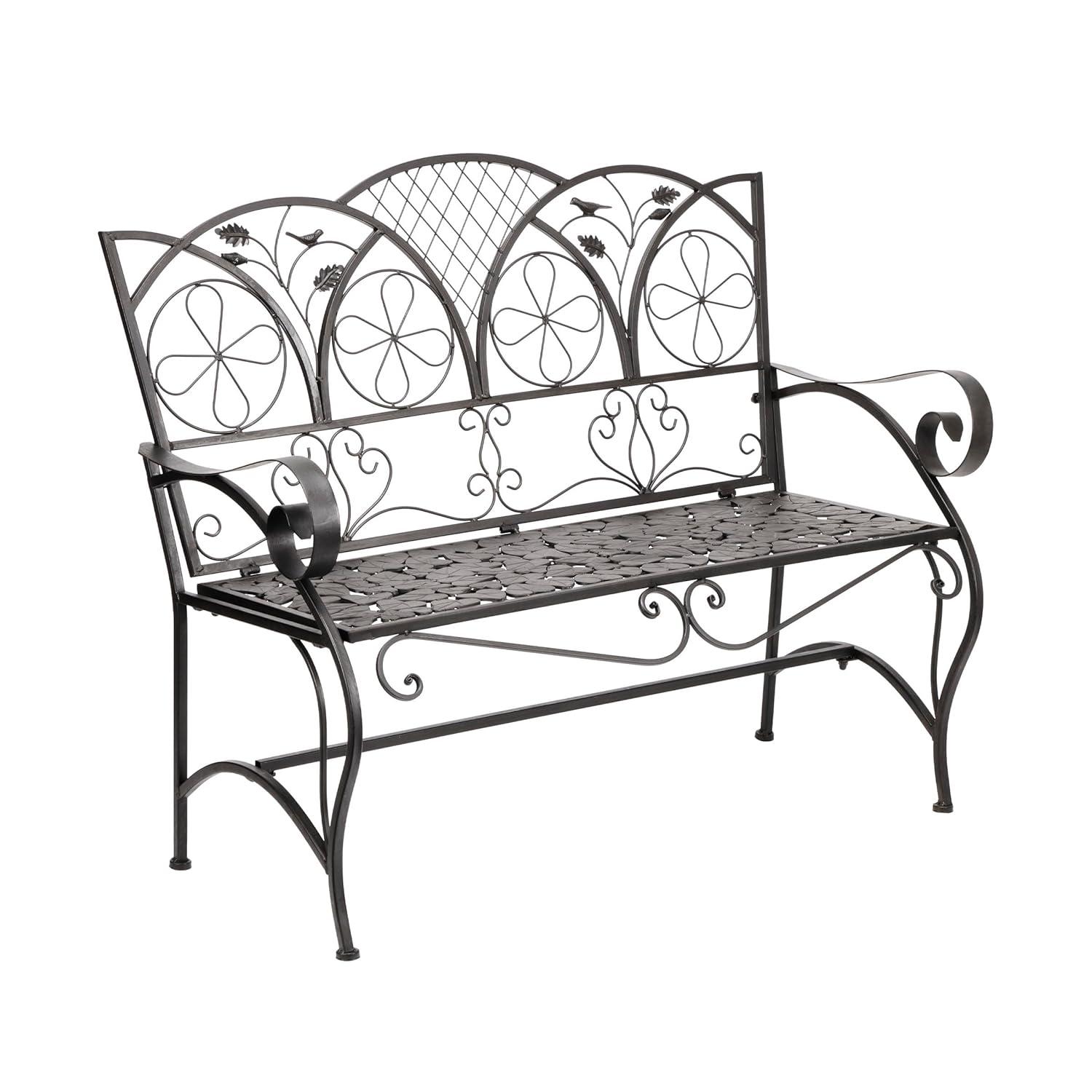 38" x 45" Iron Birds and Leaves Outdoor Garden Bench Brown - Alpine Corporation: Weatherproof, Decorative Yard Seating