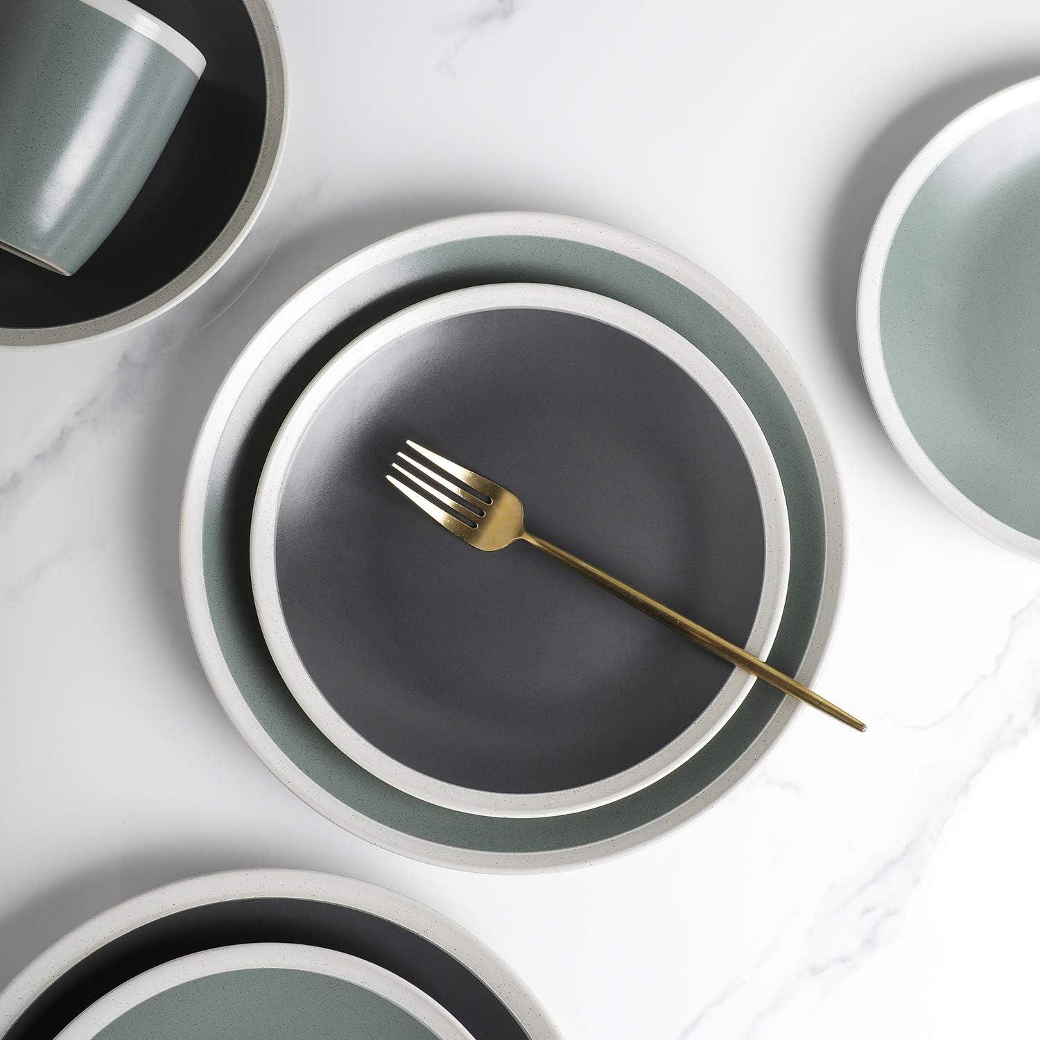 Stone Lain Serenity Stoneware Dish Set, 4 Dinner Plates, Dark Gray and Cream