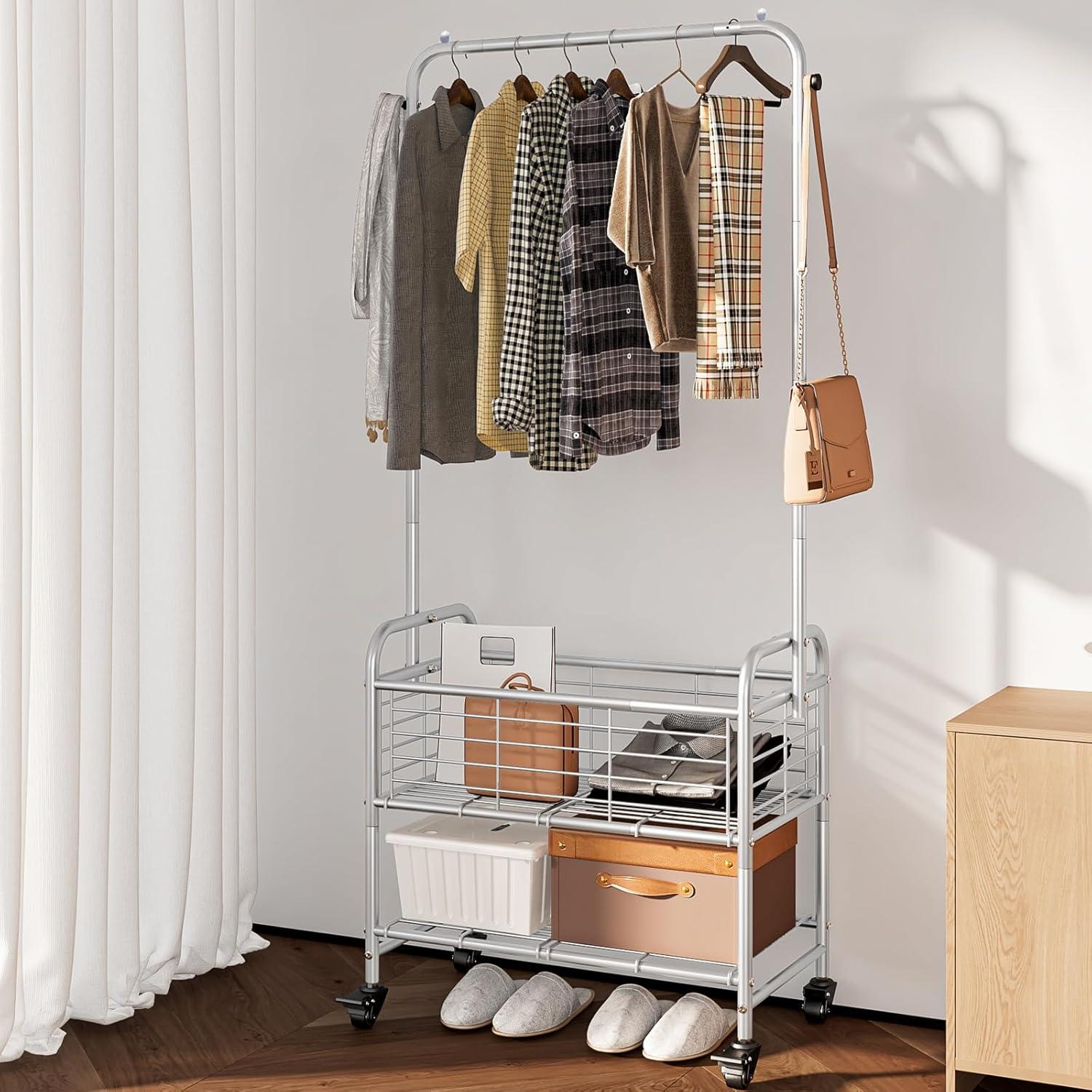 Gray Metal Laundry Sorter with Wheels and Hanging Rack