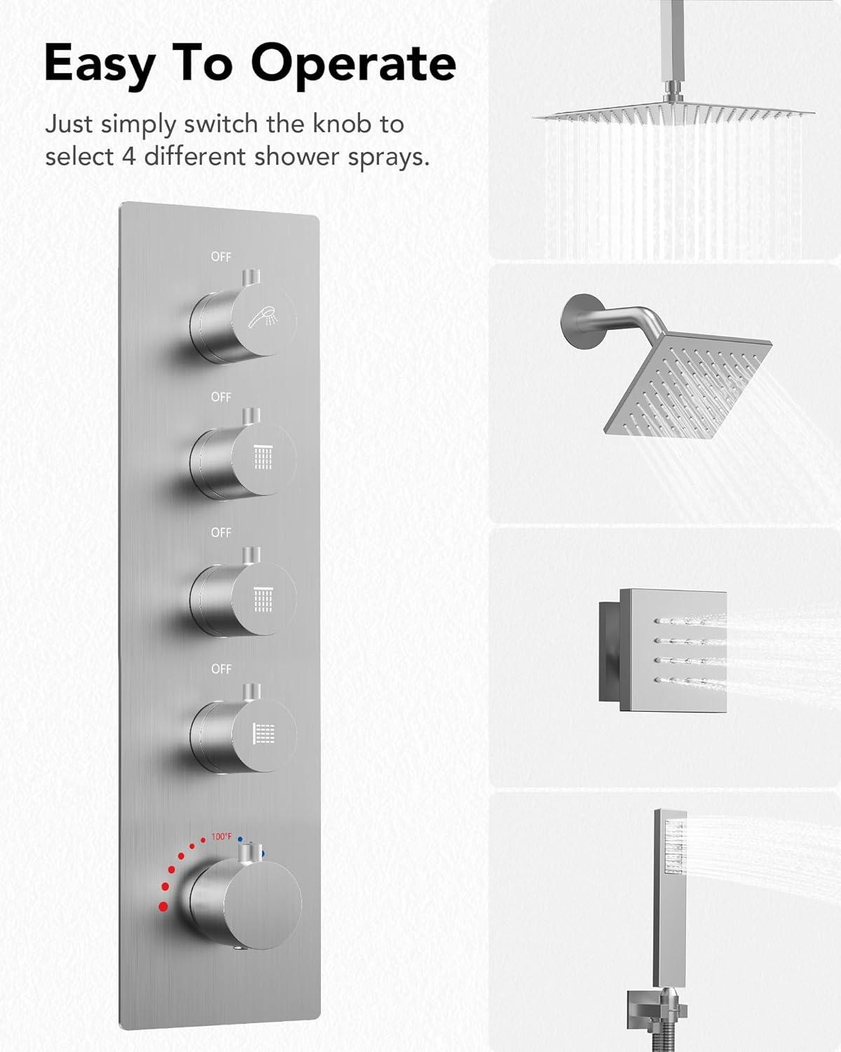 DualJetSpa 15-Spray Patterns 16" & 6" Dual Shower Head, Shower FaucetSystem with Thermostatic Rough-in Valve and Body Jets