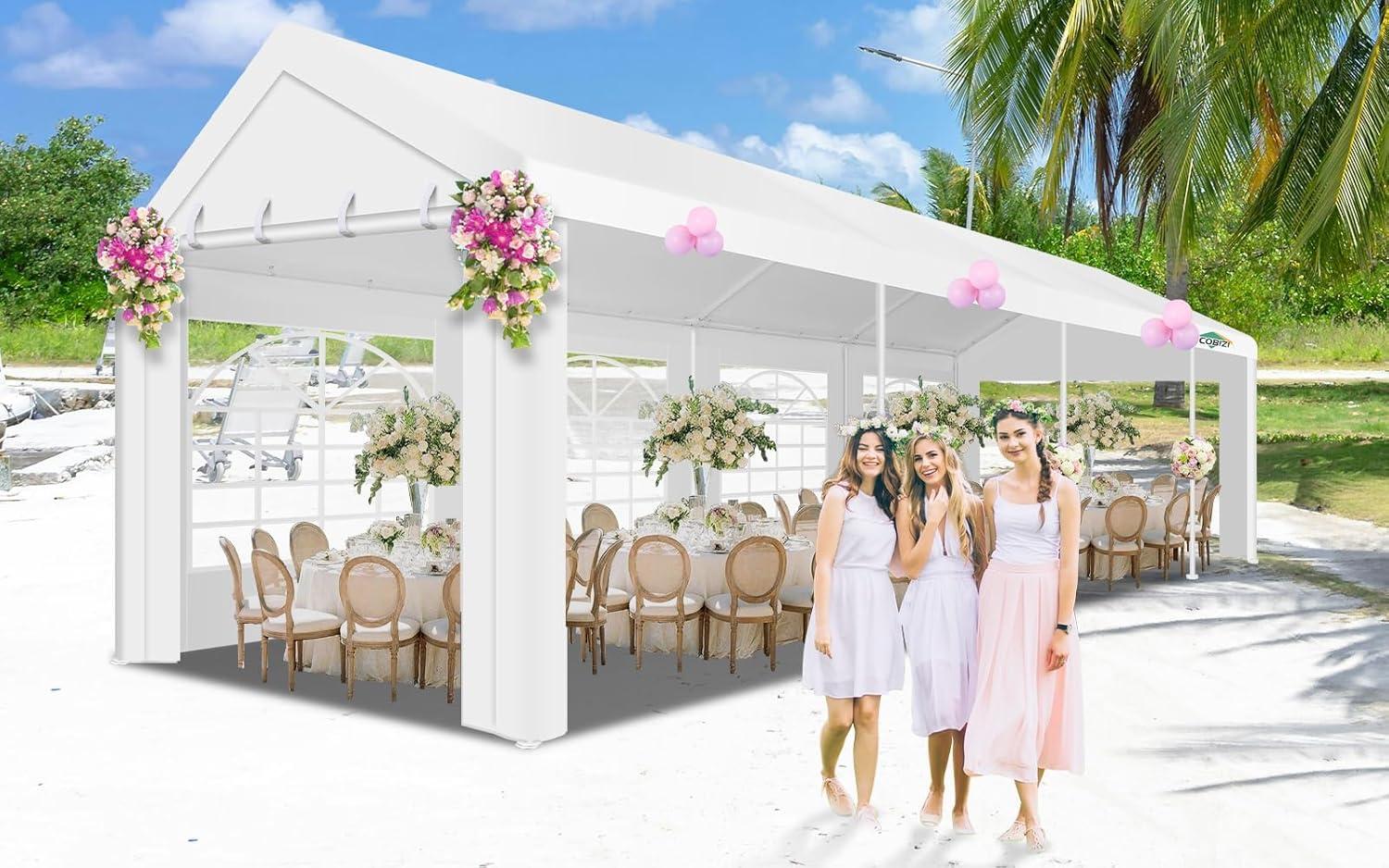 COBIZI 10x30ft Party Tent Heavy Duty, Wedding Tent, Event Tent for Parties, Carpas para Fiestas with 6 Removable Sidewalls, 10x30 Tent with Built-in Sandbag, UV50+, Waterproof, Carport, White