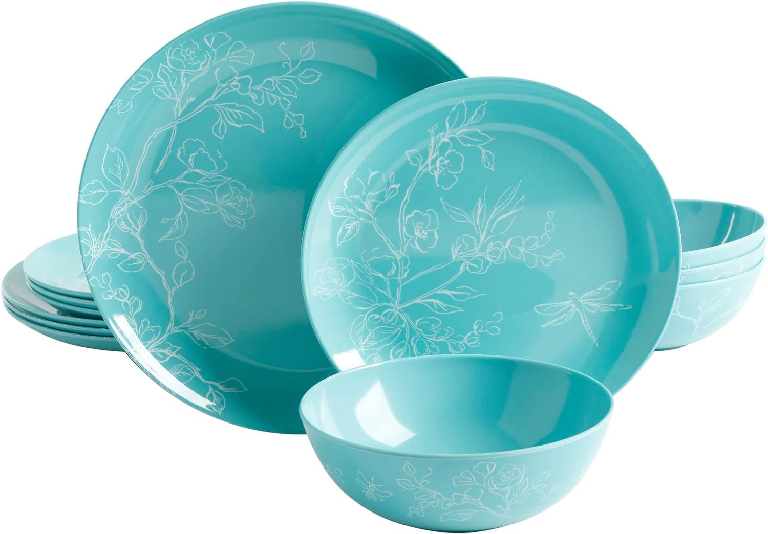 Teal Floral Melamine Round Dinnerware Set, Service for 4