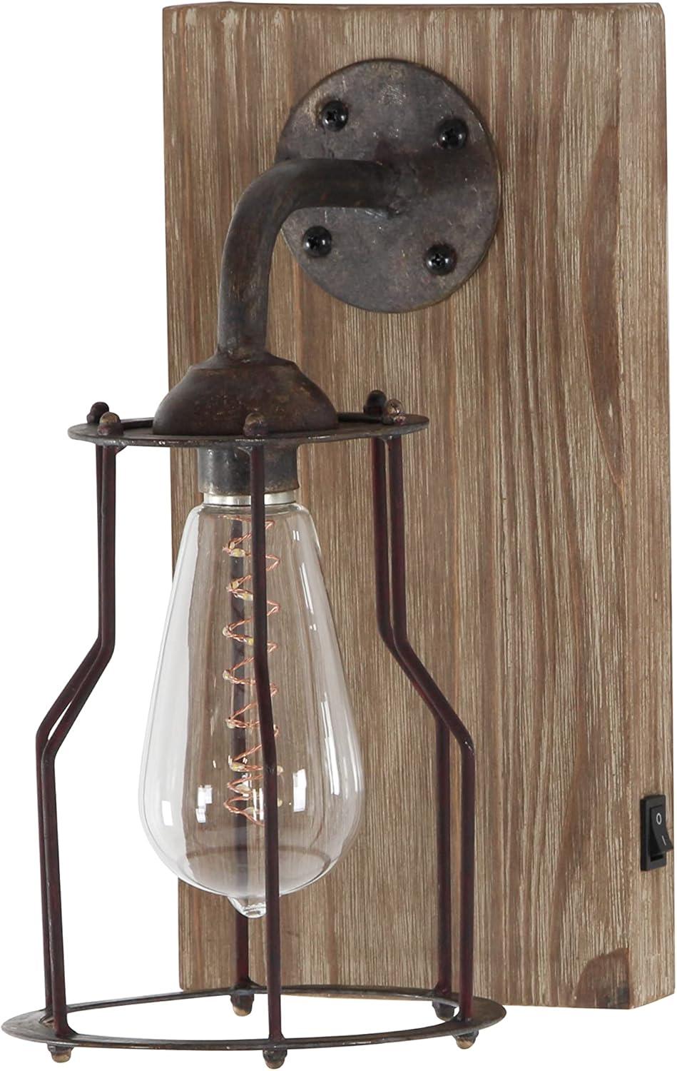 DecMode Industrial Metal Wall Sconce with Wood Backplate and Iron Cage, 6"W x 11"H Features Rustic Brown Finish