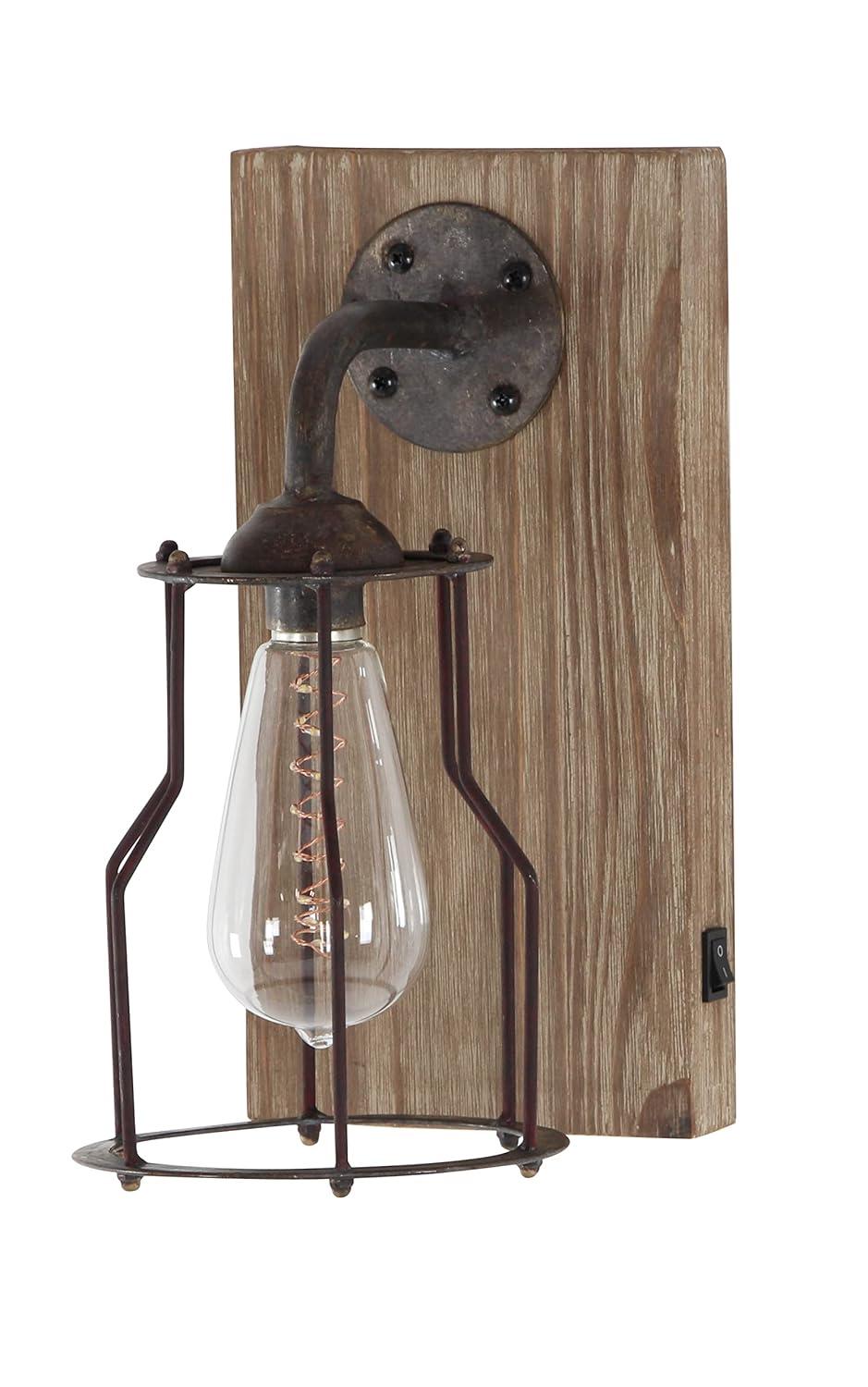 DecMode Industrial Metal Wall Sconce with Wood Backplate and Iron Cage, 6"W x 11"H Features Rustic Brown Finish