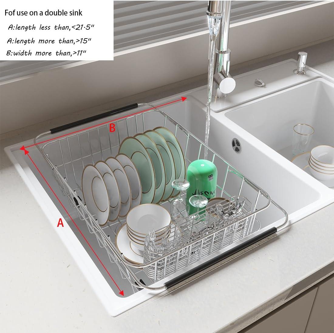 Expandable Sink Dish Drying Rack for Kitchen Counter,Durable 304 Stainless Steel Dish Drainer with Utensil Holder Over Sink,with Utensil Holder-Large(for 2-5 People)