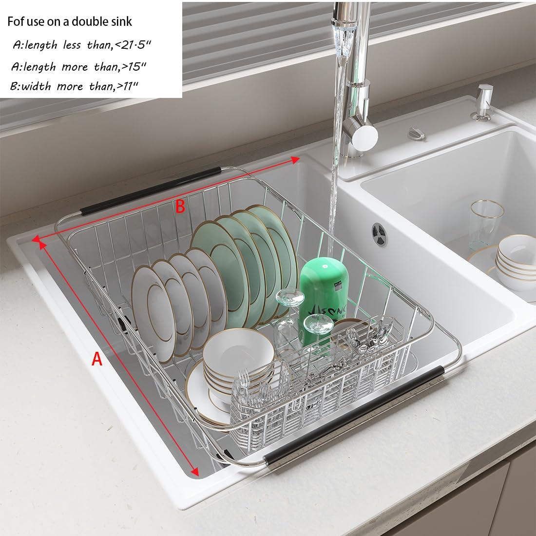 Expandable Sink Dish Drying Rack for Kitchen Counter,Durable 304 Stainless Steel Dish Drainer with Utensil Holder Over Sink,with Utensil Holder-Large(for 2-5 People)