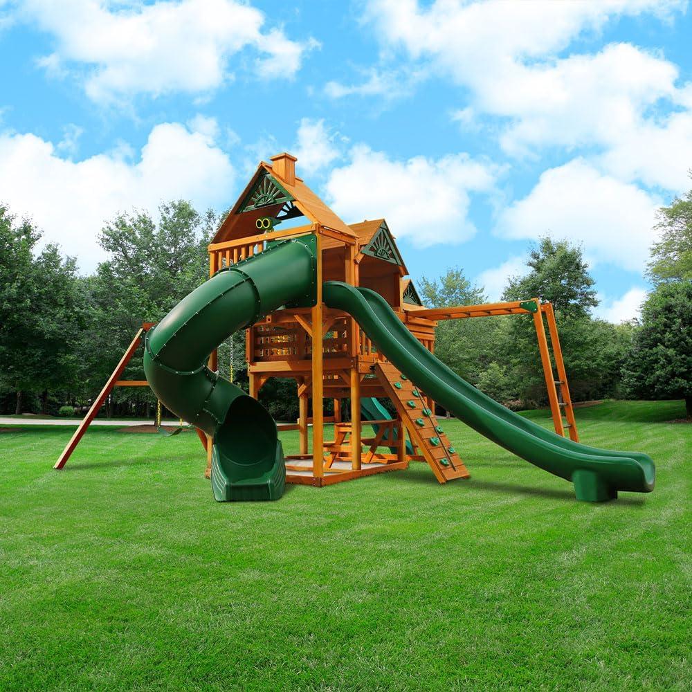 Gorilla Playsets Empire Wooden Swing Set with 2 Solar Wall Lights, Monkey Bars, and 3 Slides