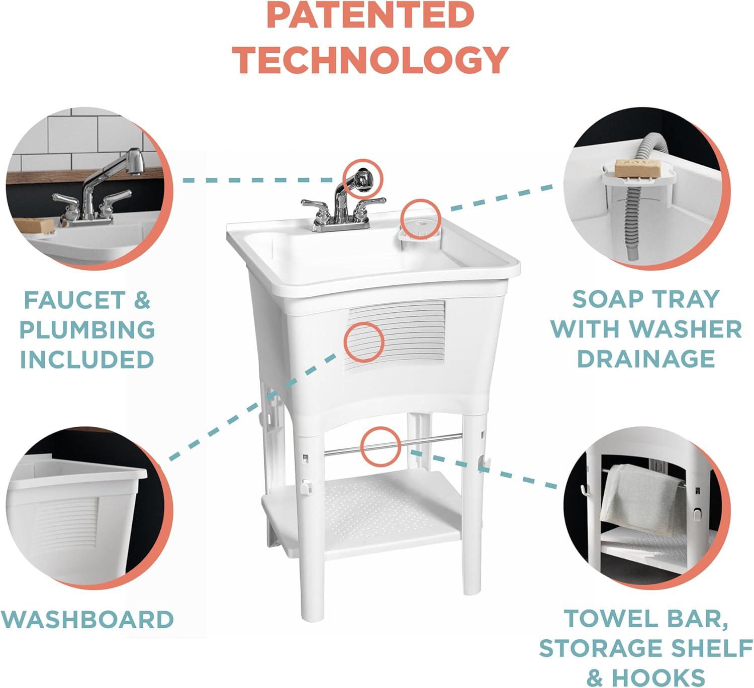 White Freestanding Utility Sink with Pull-Out Faucet and Towel Bar