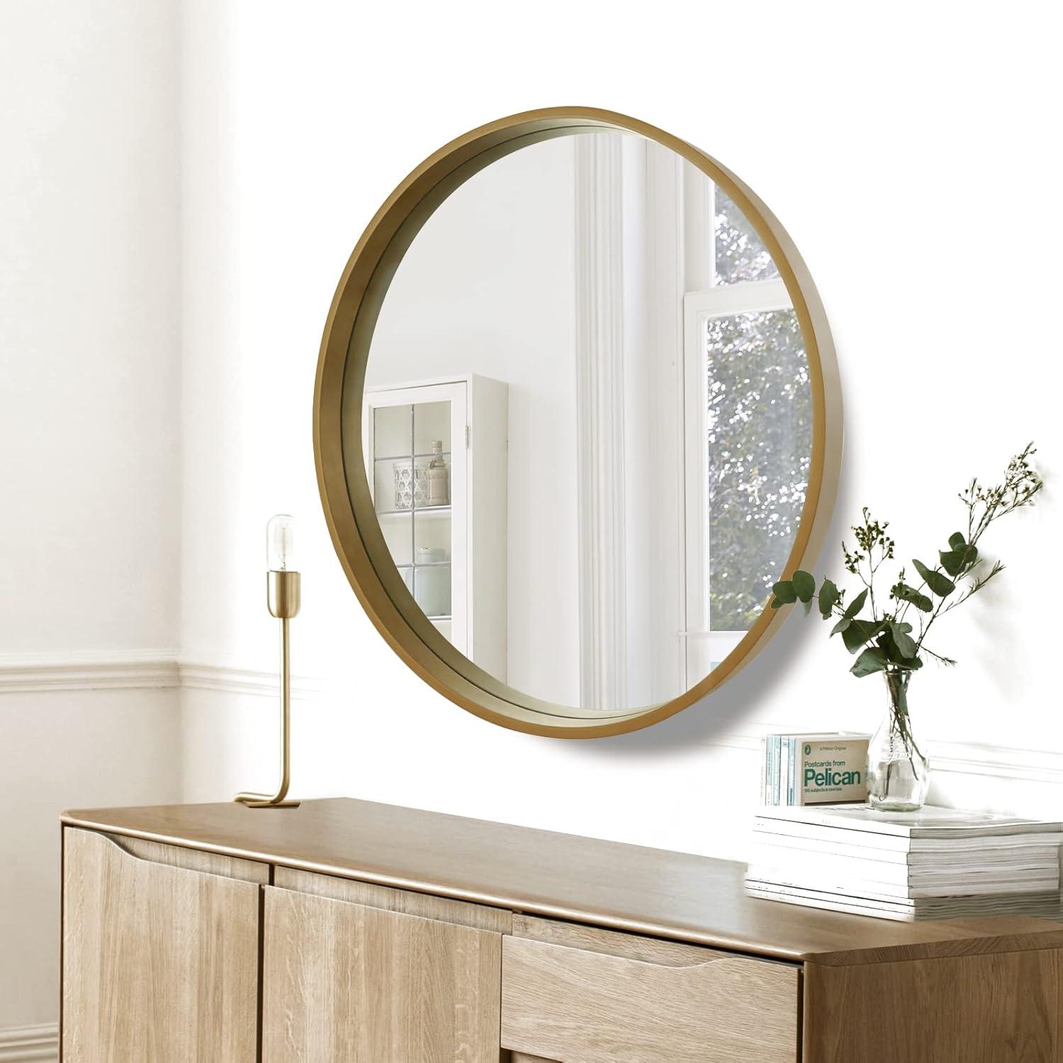 Walnut Round Pine Wood Mirror, 32" Diameter