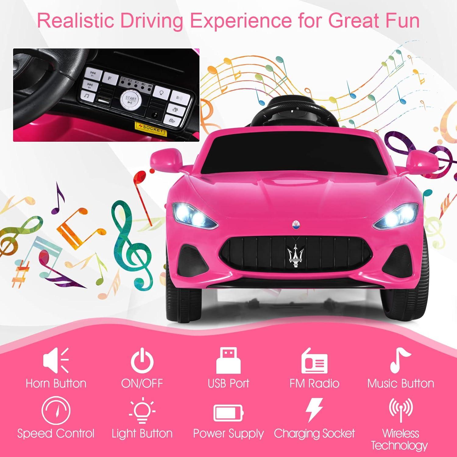 Joywhale 12V Kids Ride on Car Licensed Maserati Battery Powered Electric Vehicle for Kids Ages 3-6, with 2.4G Remote Control, Metal Suspension, Safety Belt, Bright Headlights, Music & FM, Pink