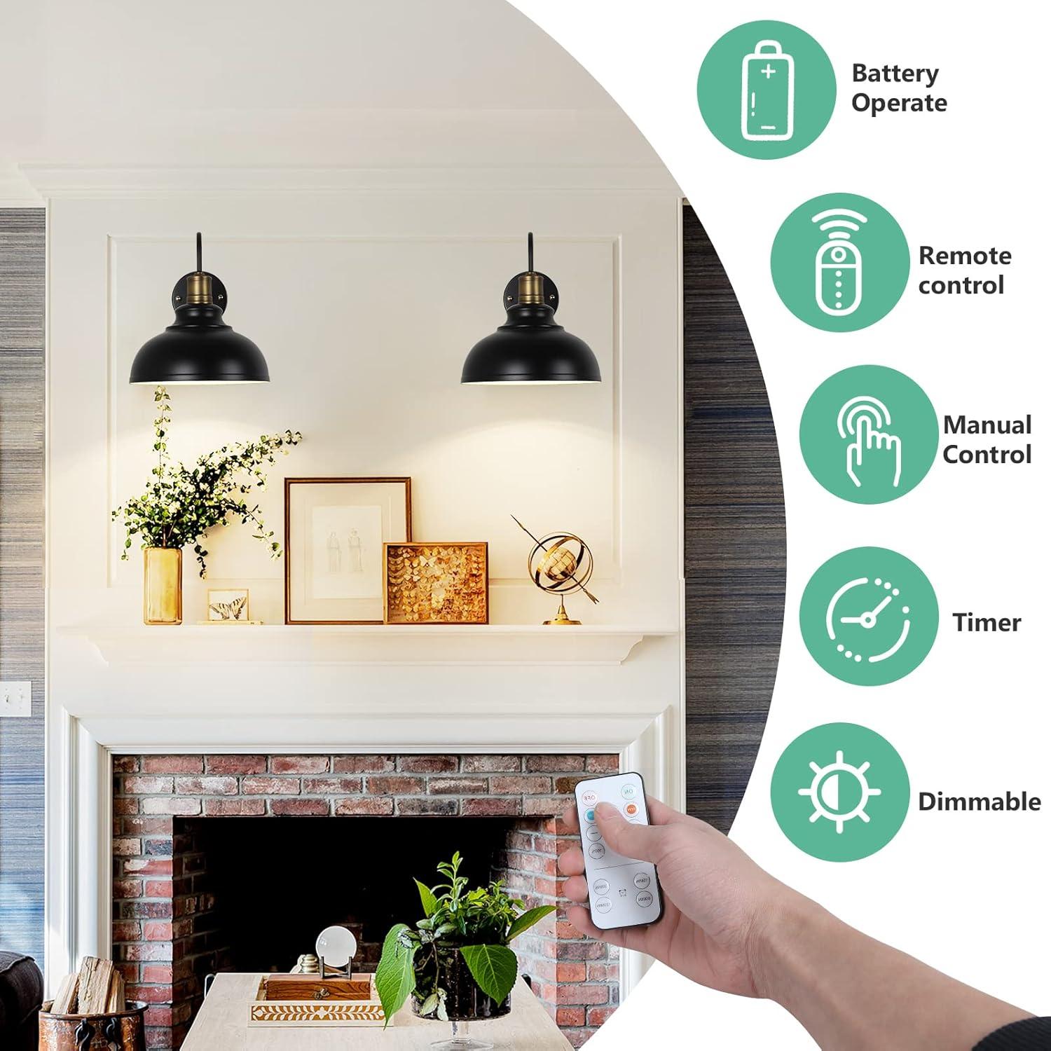 Vintage Black Wireless Battery Operated Wall Sconces Set of 2, Cordless LED Wall Lights Set with Remote Control, for Bedroom, Farmhouse, Gallery - Easy Setup, 3 Color Dimmable, Adjustable Brightness