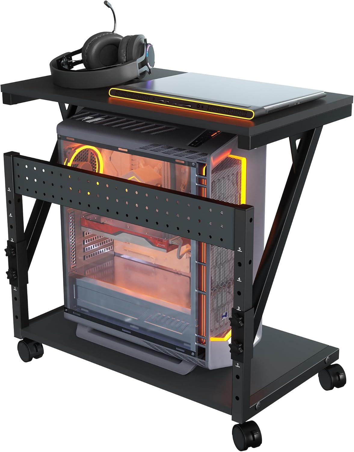 Computer Tower Cart - Height Adjustable PC Stand, 2-Tier ATX-Case CPU Holder Home Office Gaming Desk Accessories with Rolling Lockable Wheels, Laptop Table Standing Computer Desk, Rustic Black