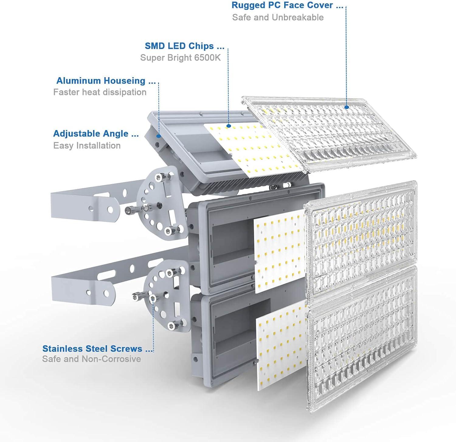 KeKeou LED Flood Light 300W Stadium Light 30000LM Super Bright Outdoor LED Flood Lights with 3 Adjustable Heads 6500K IP67 Waterproof for Playground Lawn