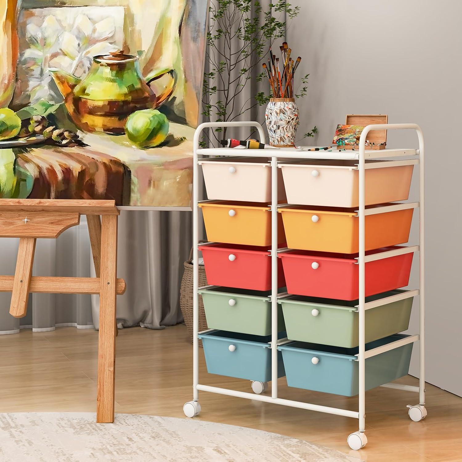 Tangkula 10-Drawer Rolling Storage Cart Tools Scrapbook Paper Organizer on Wheels Macaron