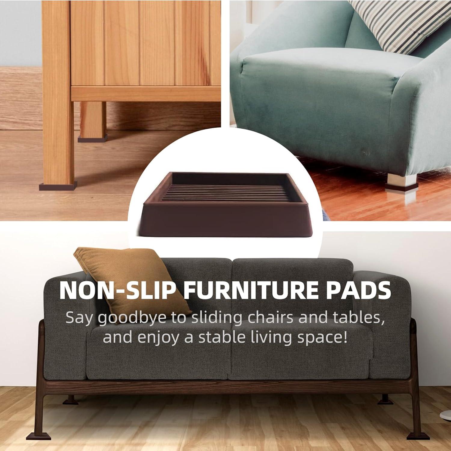 4Pcs Rubber Feet,3x3In Floor Pads for Furniture Legs,Brown Square Rubber Furniture Caster Cups,Ideal Bed Stoppers to Prevent Sliding