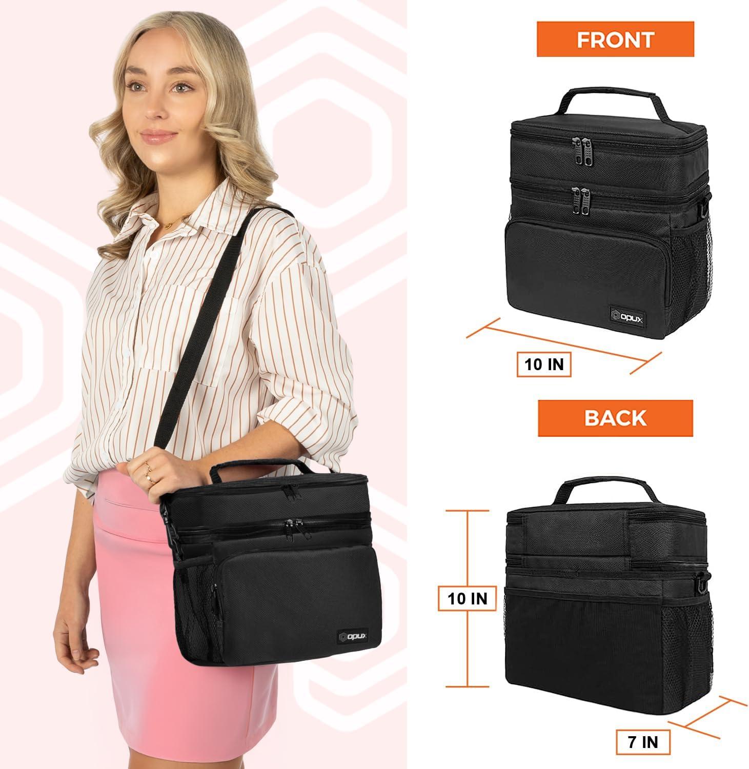 OPUX Insulated Lunch Box Men Women, Large Soft Cooler Bag Work School Picnic, Leakproof Tote Shoulder Strap Kid Adult (Black, Double Deck)