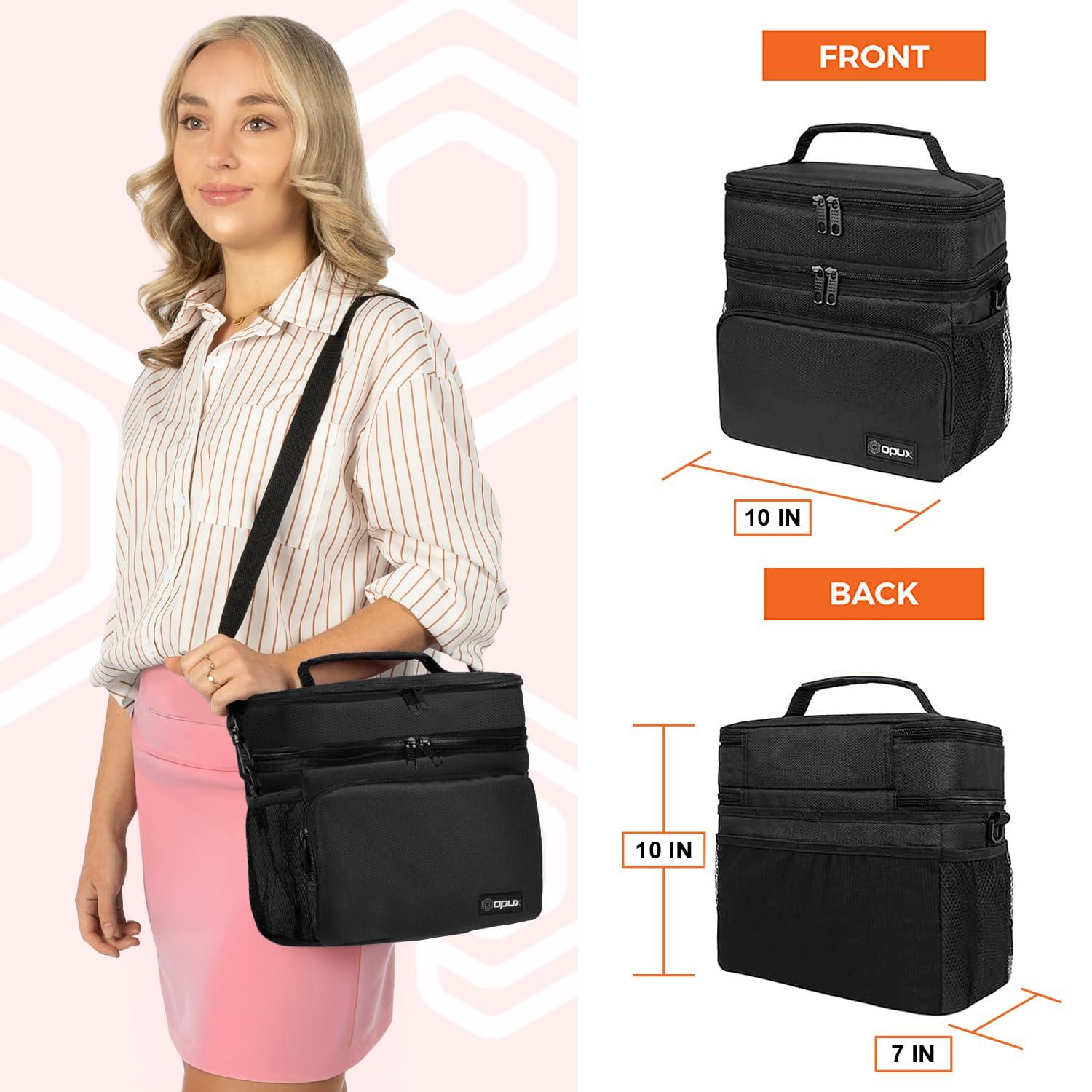 OPUX Insulated Lunch Box Men Women, Large Soft Cooler Bag Work School Picnic, Leakproof Tote Shoulder Strap Kid Adult (Black, Double Deck)