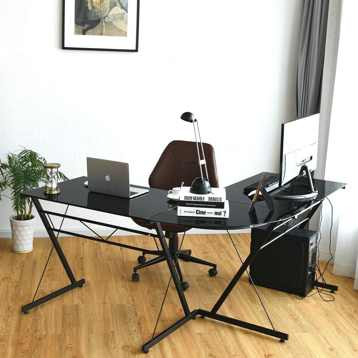 Tangkula L-Shaped, Corner, Modern Simple Style 3-Piece Metal Frame Study Laptop Desk Writing Gaming Table, Computer Workstation Top, Home Office Studio, Black