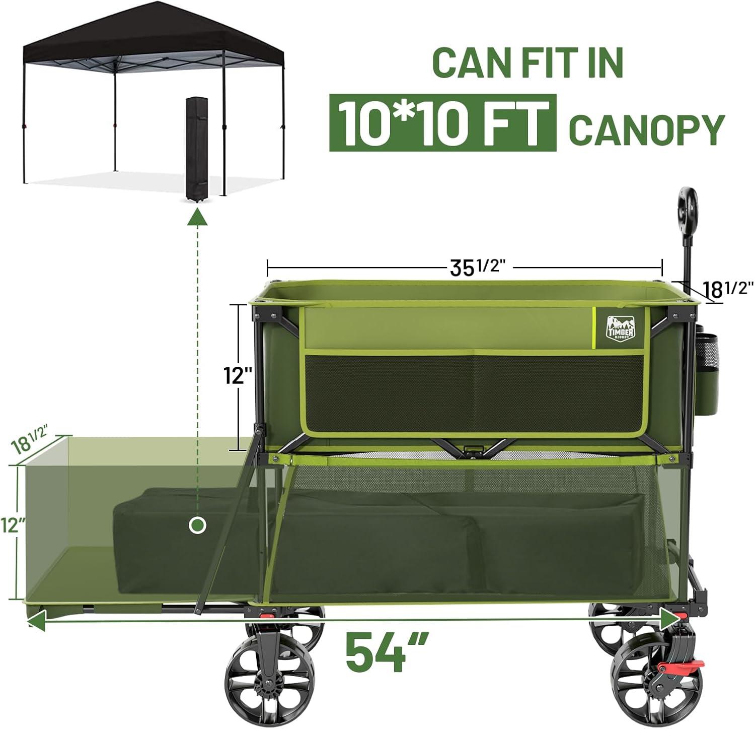 TIMBER RIDGE 400L Large Capacity Folding Double Decker Wagon with Brakes, 54" Extra Long Extender Wagon Cart, 450lbs Heavy Duty Collapsible Cart, All-Terrain Big Wheels for Camping, Sports, Shopping