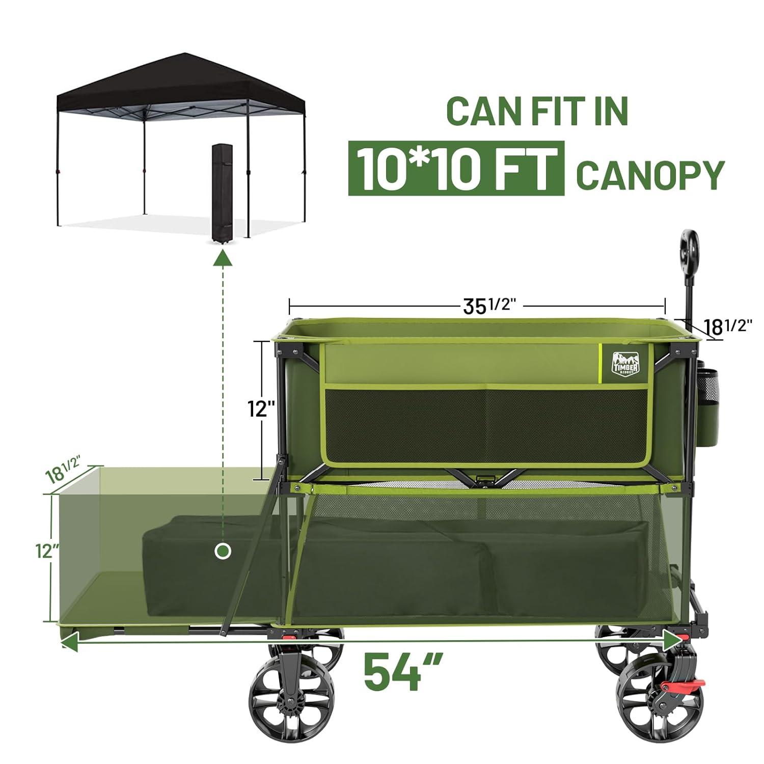 TIMBER RIDGE 400L Large Capacity Folding Double Decker Wagon with Brakes, 54" Extra Long Extender Wagon Cart, 450lbs Heavy Duty Collapsible Cart, All-Terrain Big Wheels for Camping, Sports, Shopping
