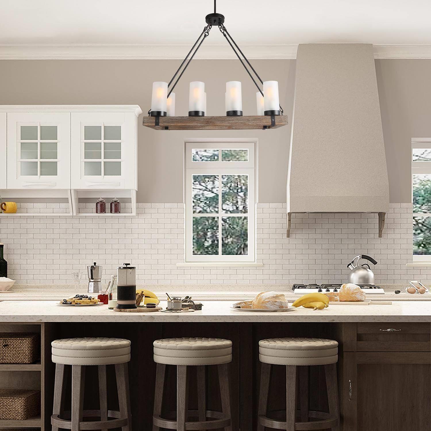 Rustic Bronze and Wood Chandelier with Frosted Glass Shades