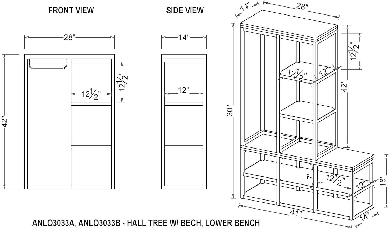 Lloyd 60"H Rustic Industrial Metal Frame Hall Tree With Shelves And Shoe Storage With Bench