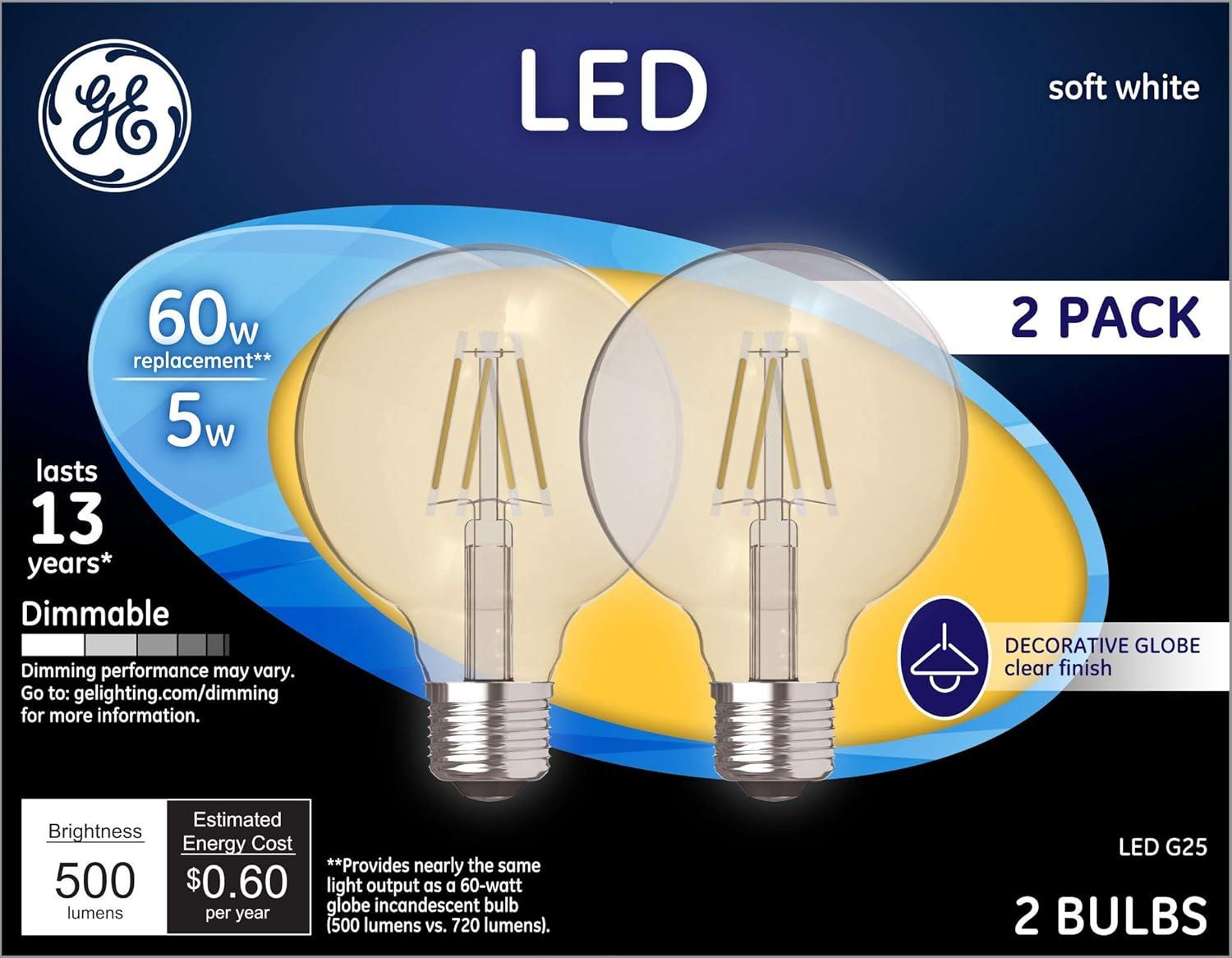 GE Clear G25 Globe Dimmable LED Bulb, Soft White, 5W, 2-Pack