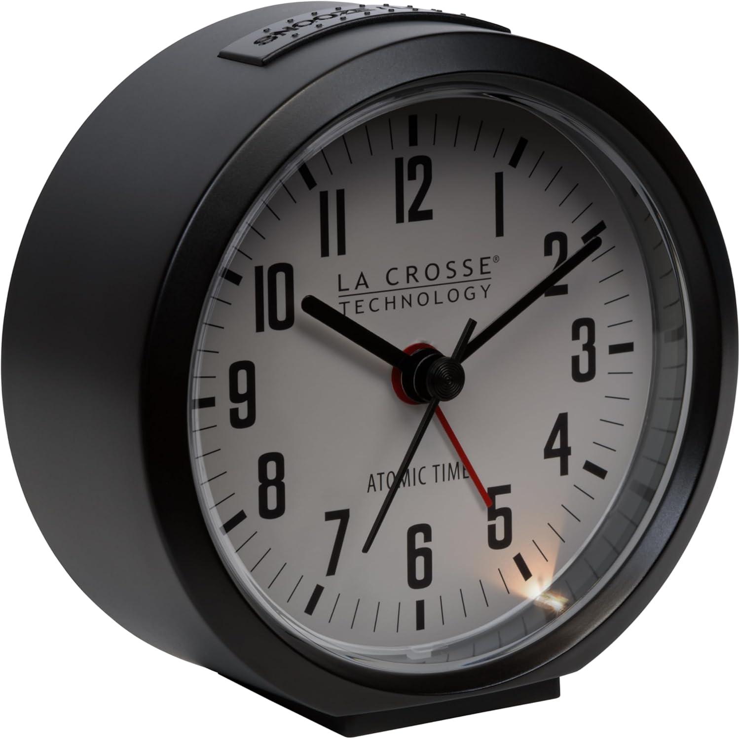 La Crosse Technology 4-Inch Round Black Atomic Analog Alarm Clock, 617-710B