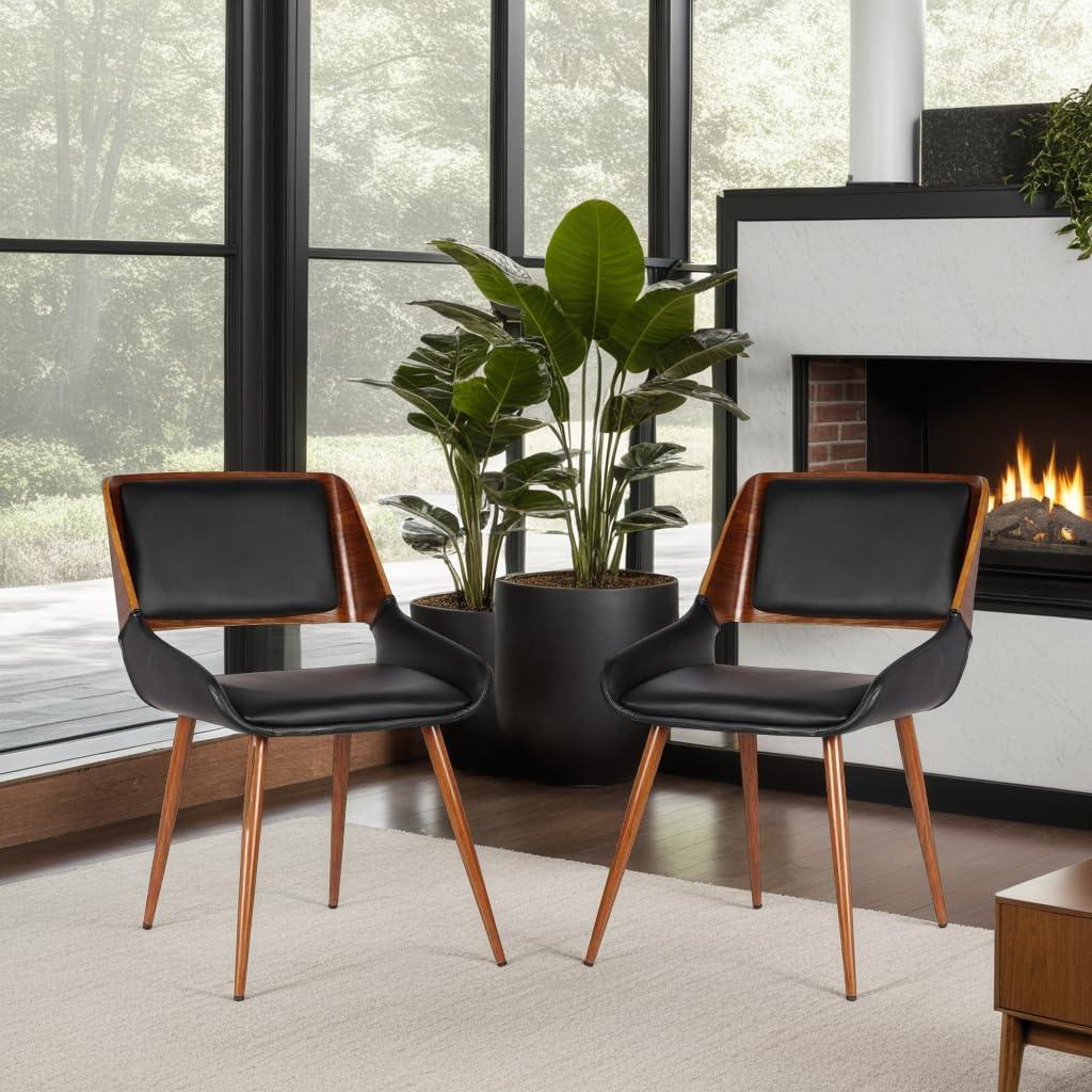 Armen Living Panda Modern Leather Dining Chair in Walnut Wood and Black