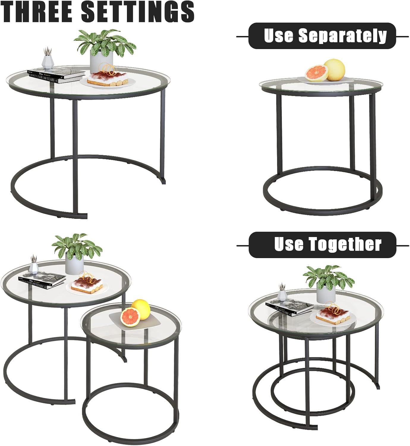 Nesting Coffee Table Set of 2,Modern Black Tempered Glass Side Table, Metal Frame Round End Table.Small Glass Tea Table for Living Room,Bedroom Studio Apartment Essentials，17.7IN