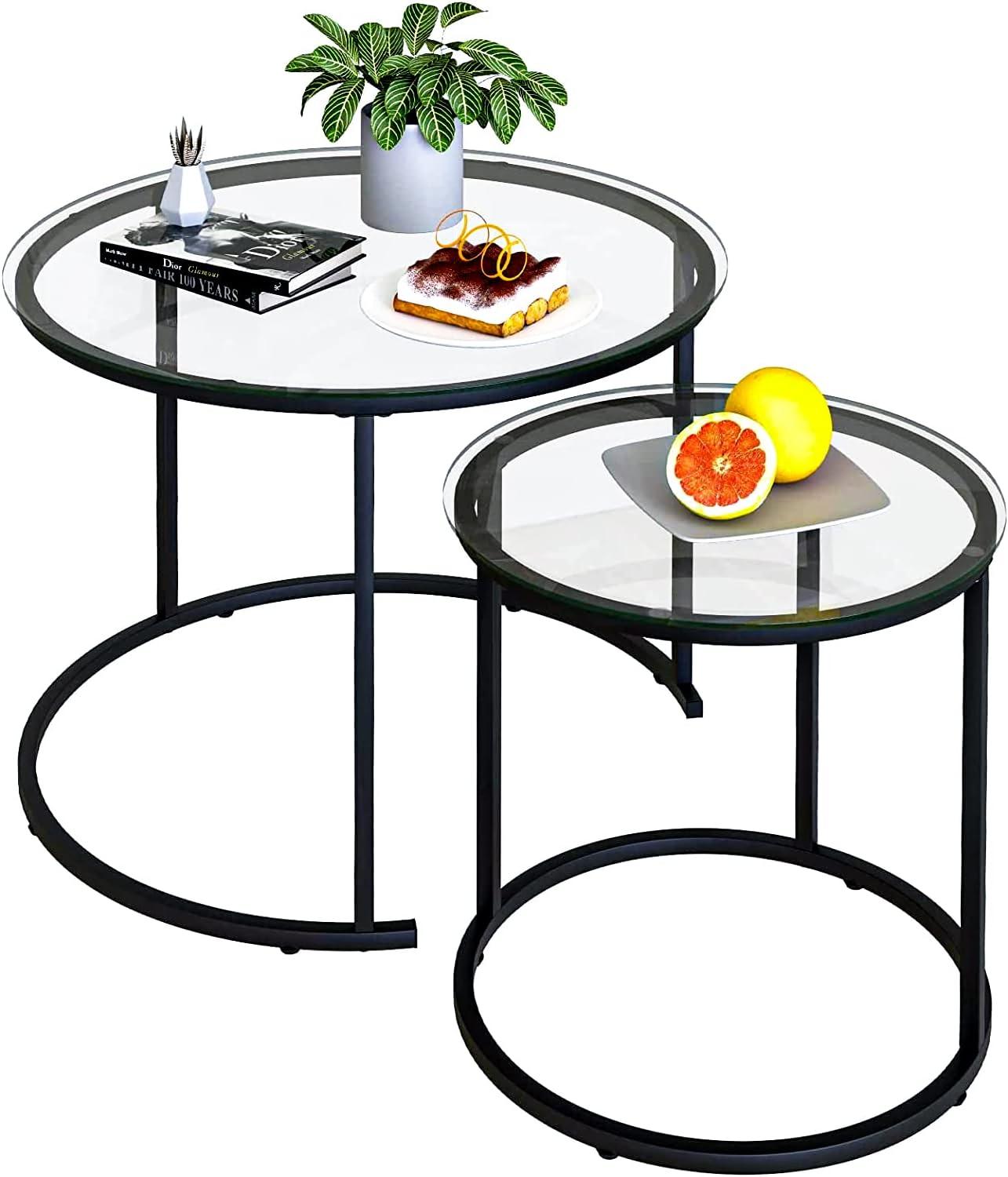 Nesting Coffee Table Set of 2,Modern Black Tempered Glass Side Table, Metal Frame Round End Table.Small Glass Tea Table for Living Room,Bedroom Studio Apartment Essentials，17.7IN