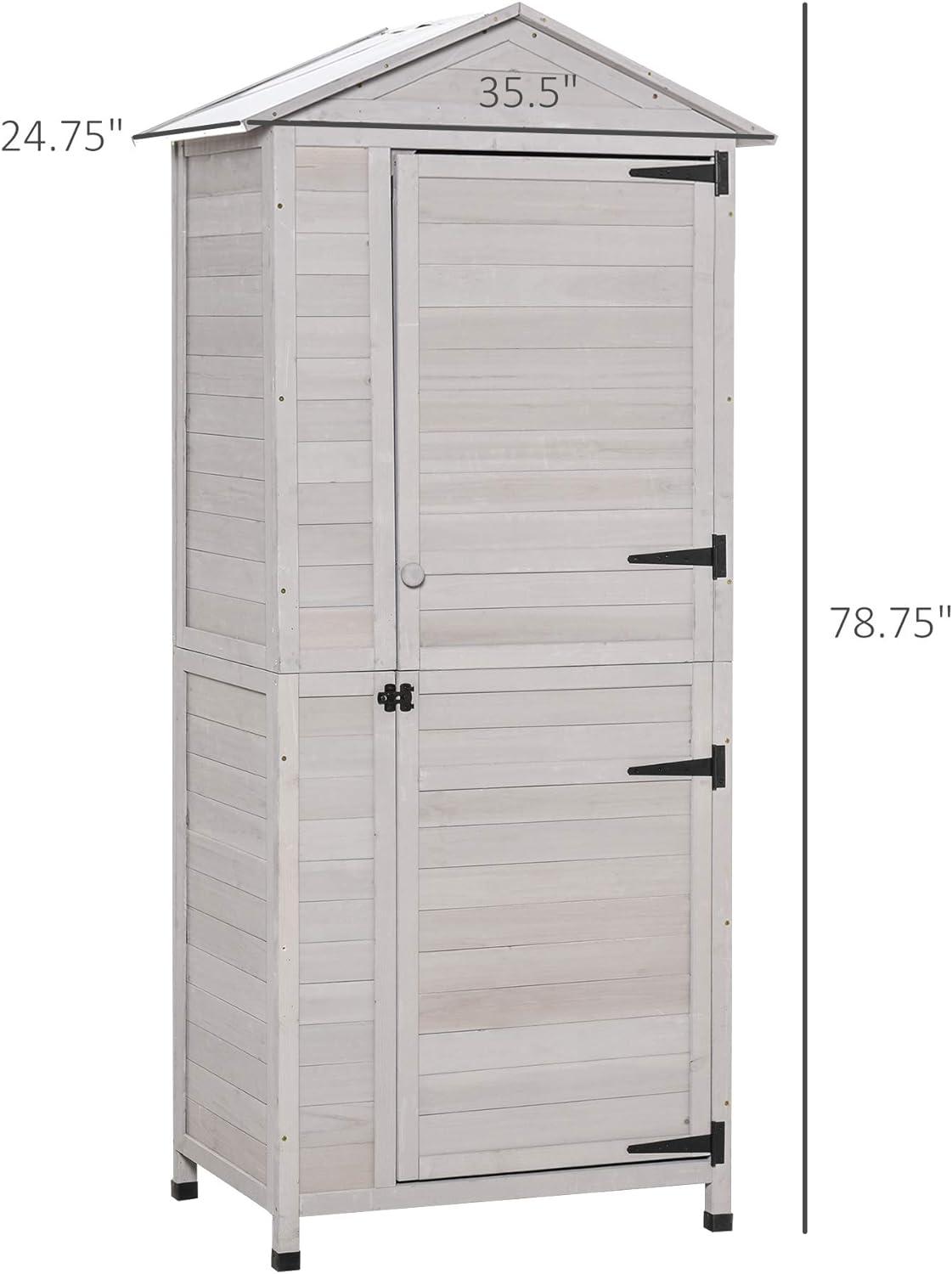 Outsunny 35.5" x 24.75" x 78.75" Wooden Storage Shed Cabinet, Outdoor Tool Shed Organizer with 3 Shelves Handle Magnetic Latch Foot Pad, Light Gray