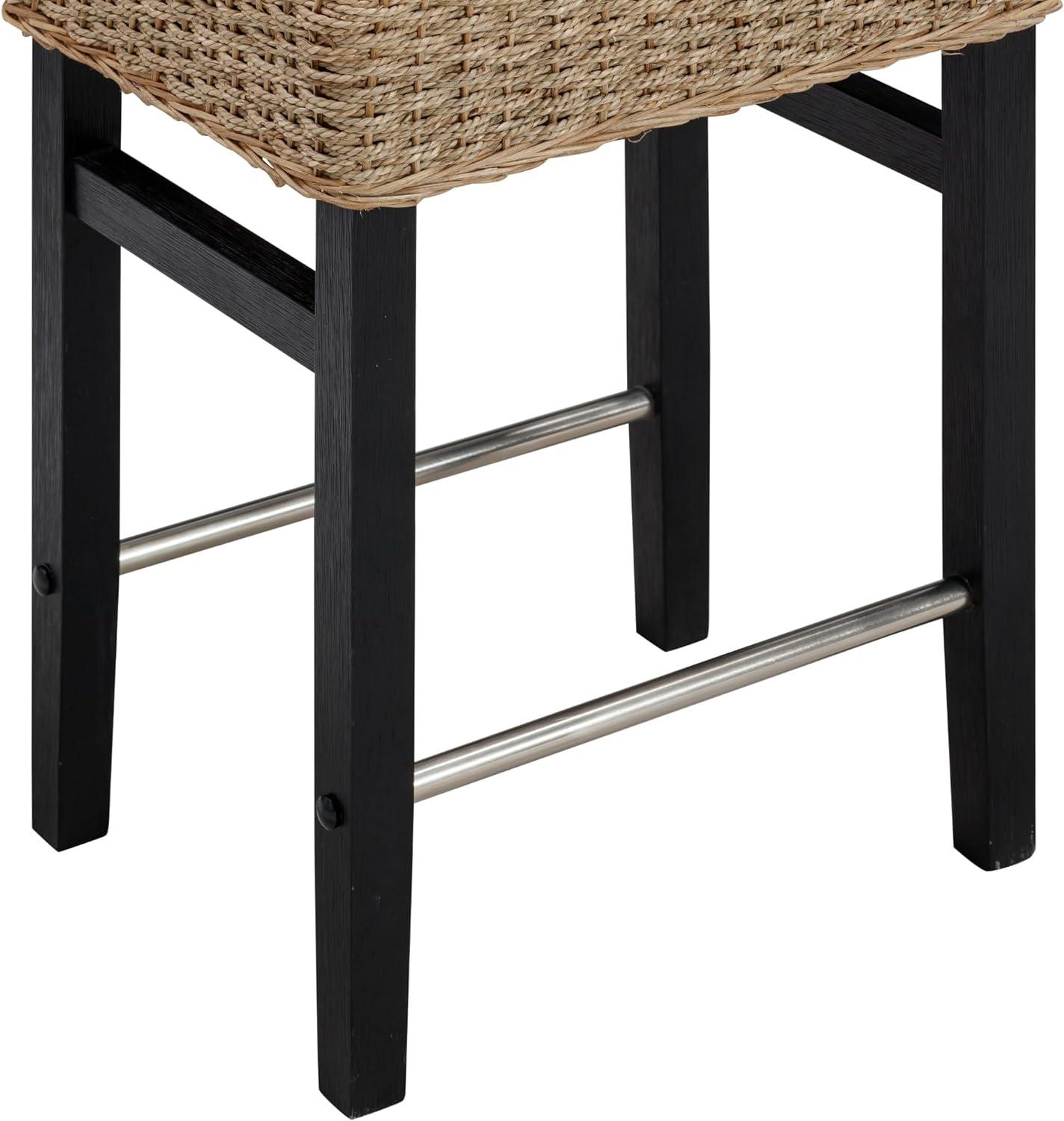 Black and Natural Woven Rattan Saddle Bar Stool with Metal Footrest