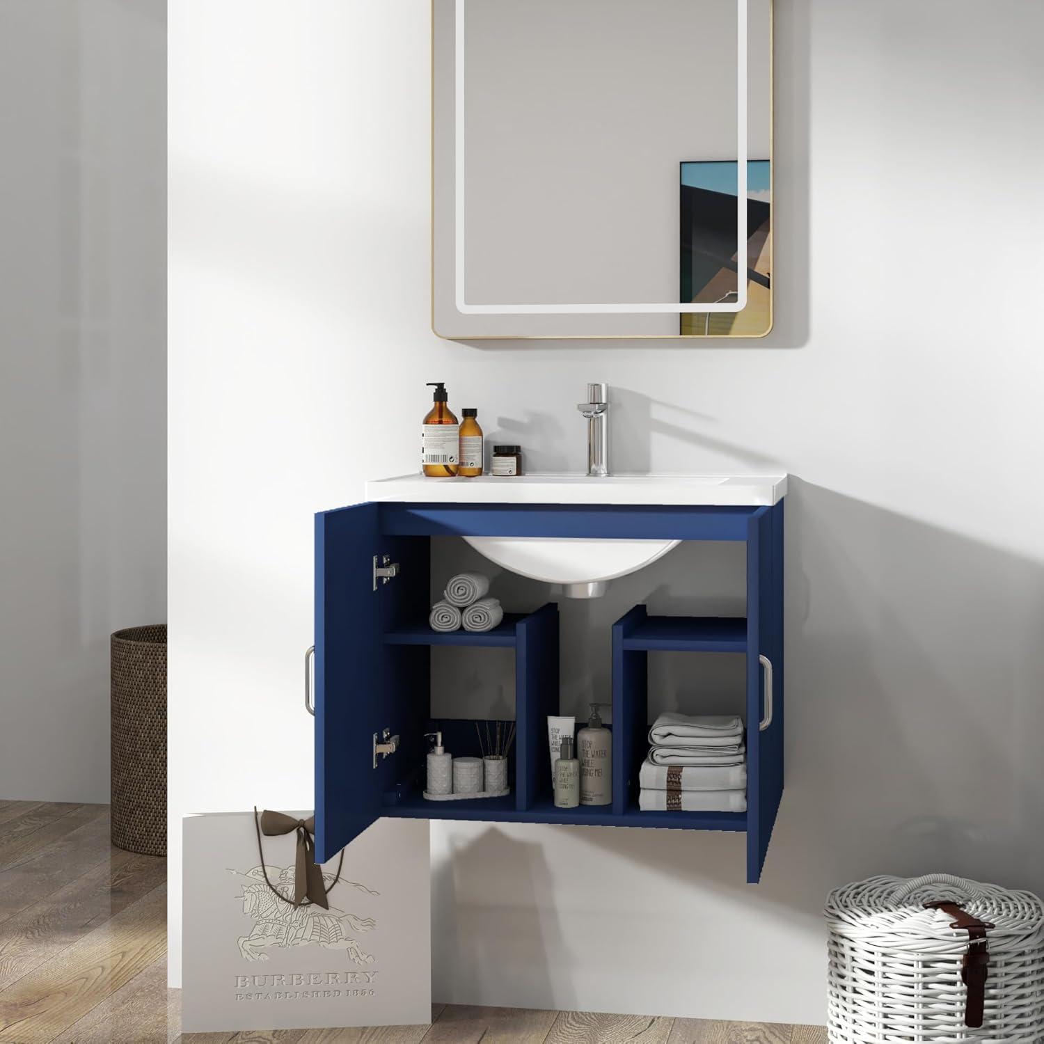 Blue Wall-Mounted Bathroom Vanity with White Resin Sink