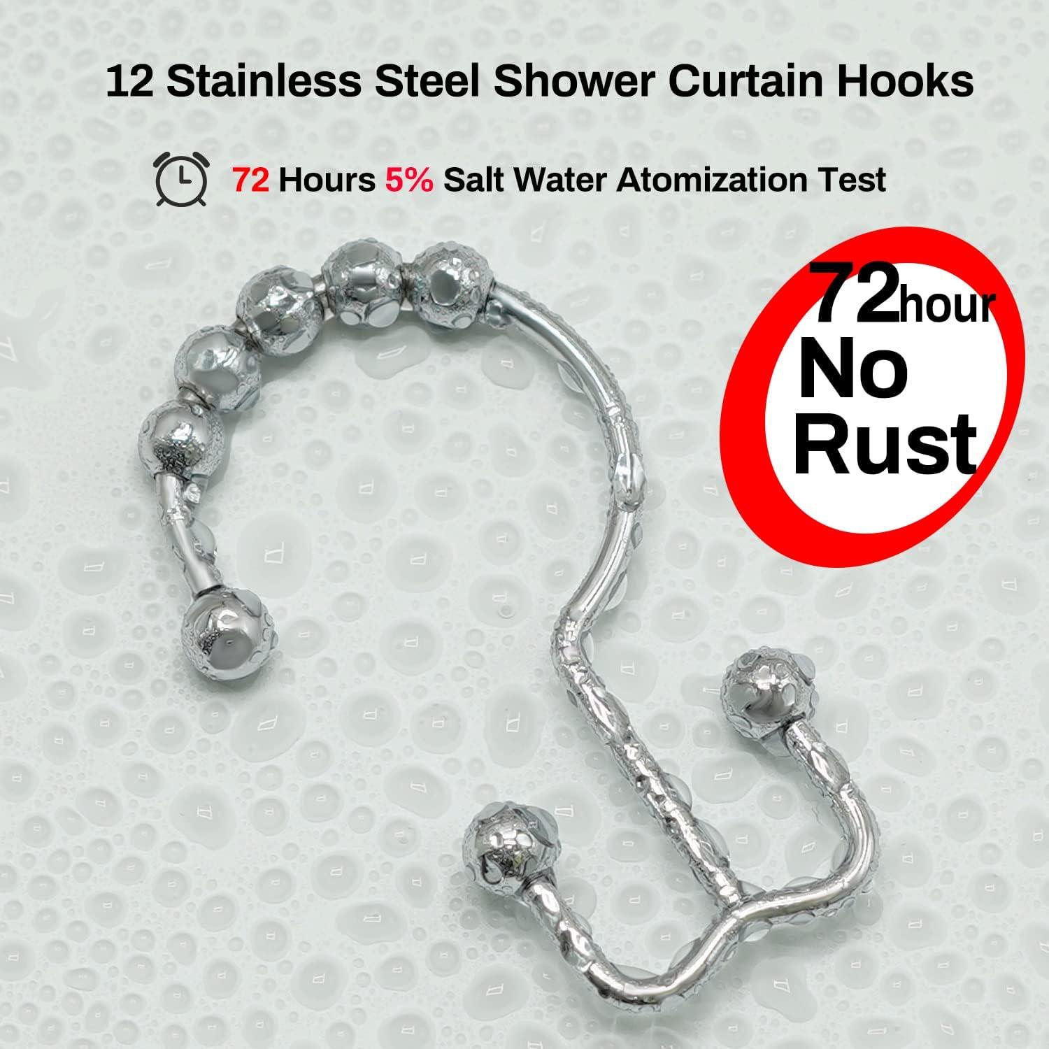BloomFlower Chrome Shower Rod with 12 Hooks, Adjustable 43-72 inches,Rust Resistance,Tension Metal Rod,No Drill,Silver