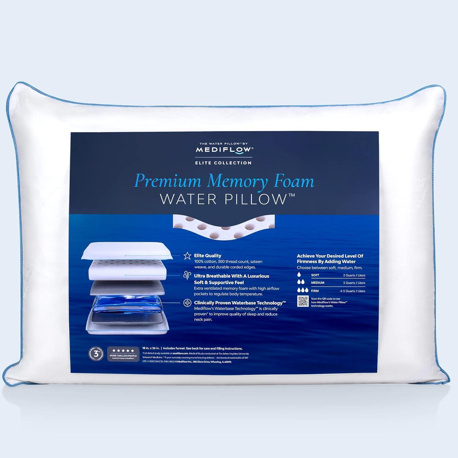 Water Pillow - Elite Collection, Down Alternative Pillow. Orthopedic Pillow for Neck Pain Relief, Adjustable Water Pillow for Sleeping. (Single Pillow)