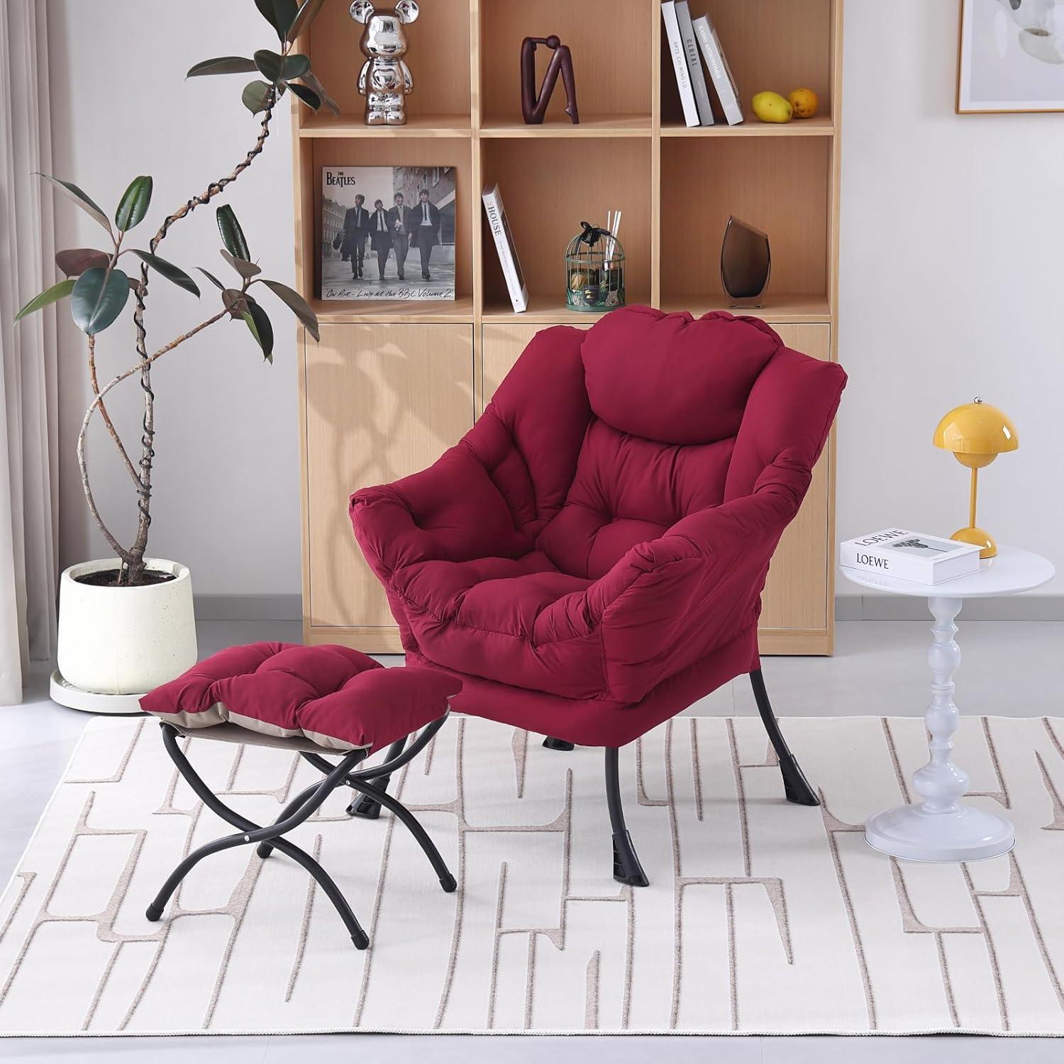 Burgundy Velvet Accent Chair with Ottoman and Metal Frame