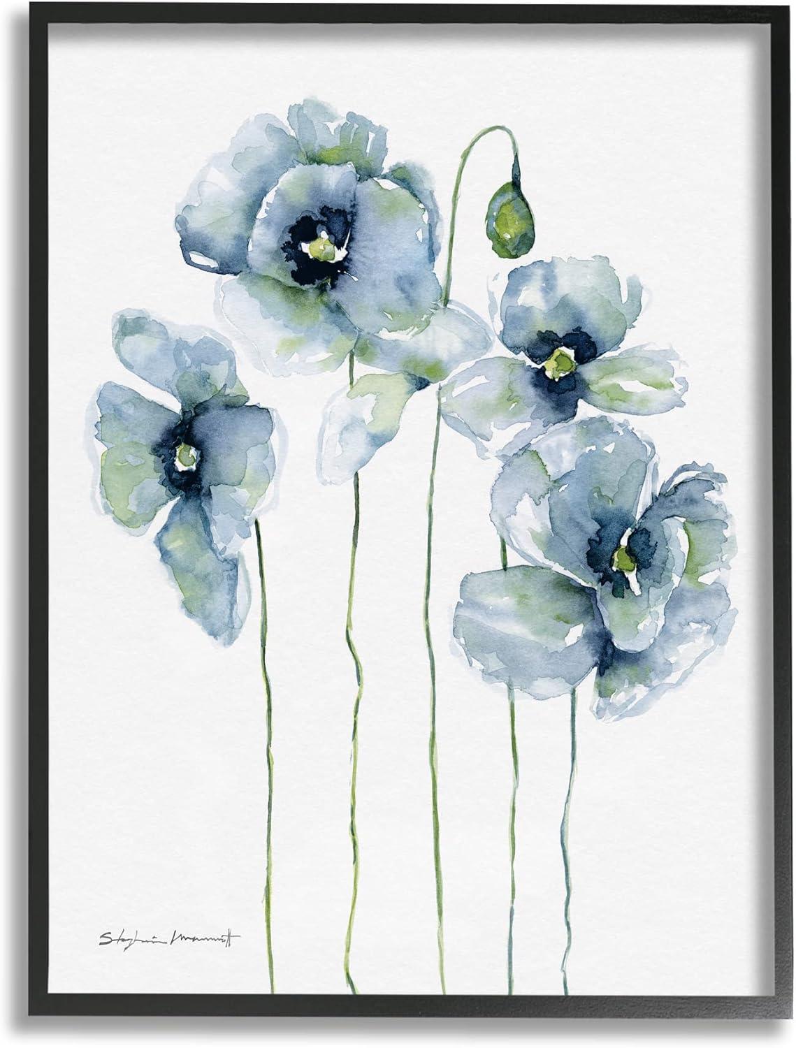 Blue Abstract Poppy Blooms Canvas Print with Black Frame