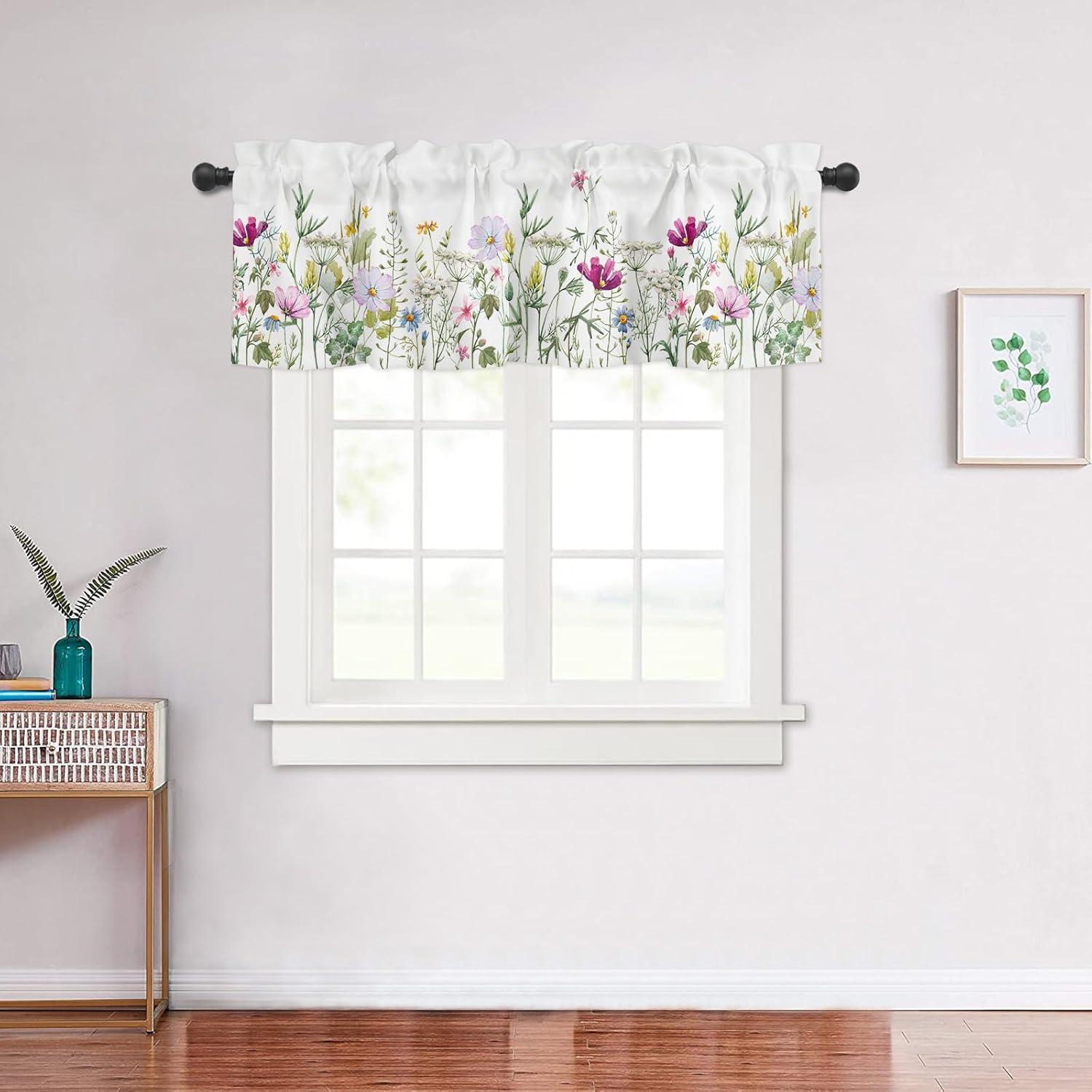 Spring Watercolor Floral Print Valance with Rod Pocket, 54" x 18"